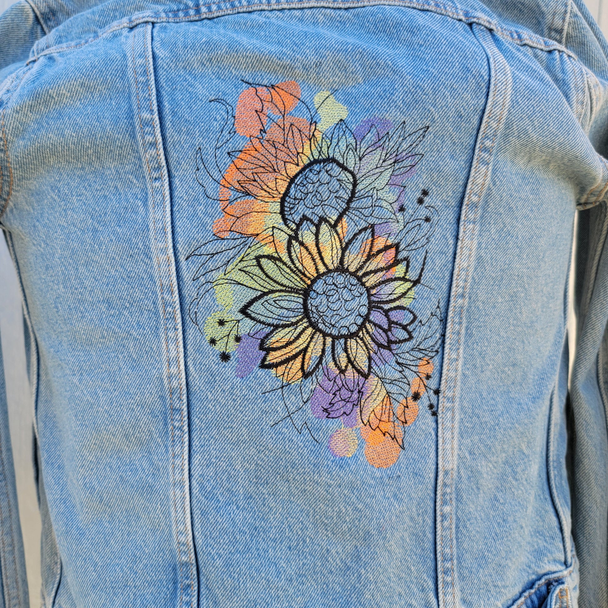 New Levi Strass Jean Jacket with Embroidered Sunflower. XS Levi Blue Jean Jacket with Red Pocket Tag. Denim Trucker Jean Jacket with Tags,