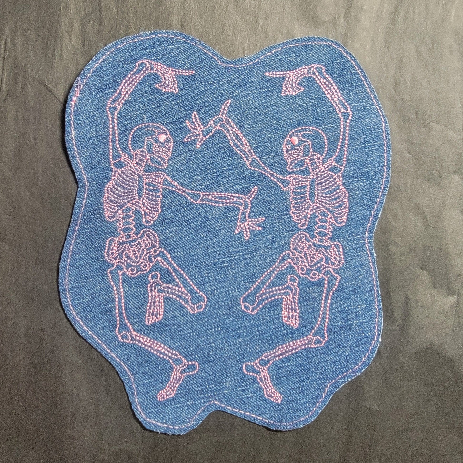 Skeleton, Lacy Skeleton Applique, Dancing Skeletons, Skeletons on upcycled denim.