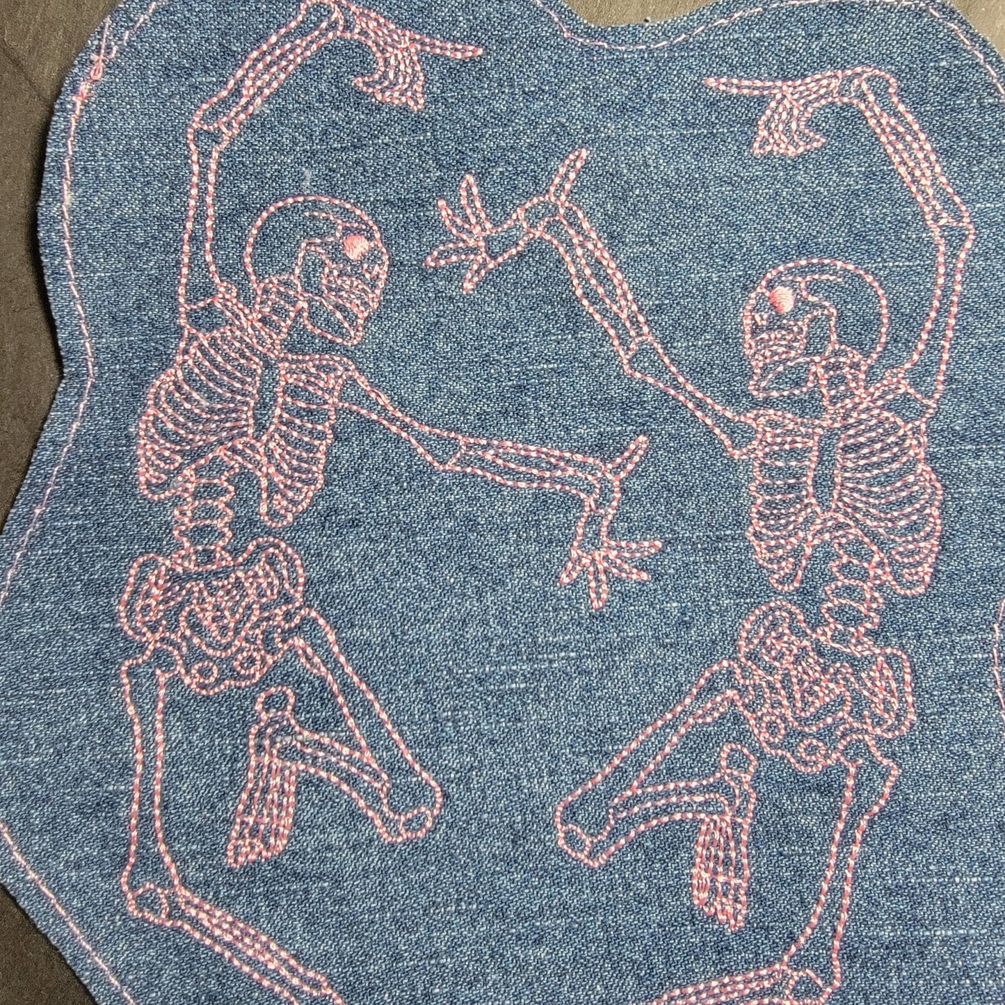Skeleton, Lacy Skeleton Applique, Dancing Skeletons, Skeletons on upcycled denim.