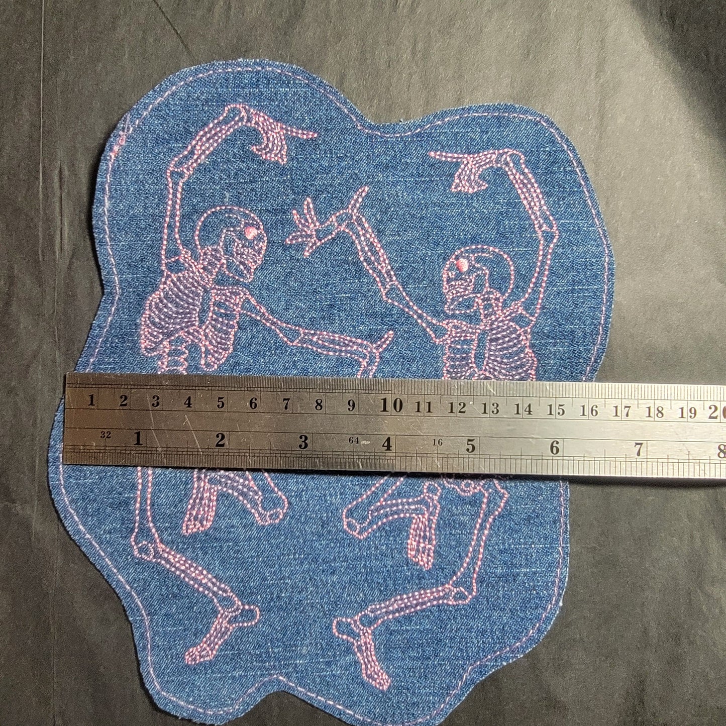 Skeleton, Lacy Skeleton Applique, Dancing Skeletons, Skeletons on upcycled denim.
