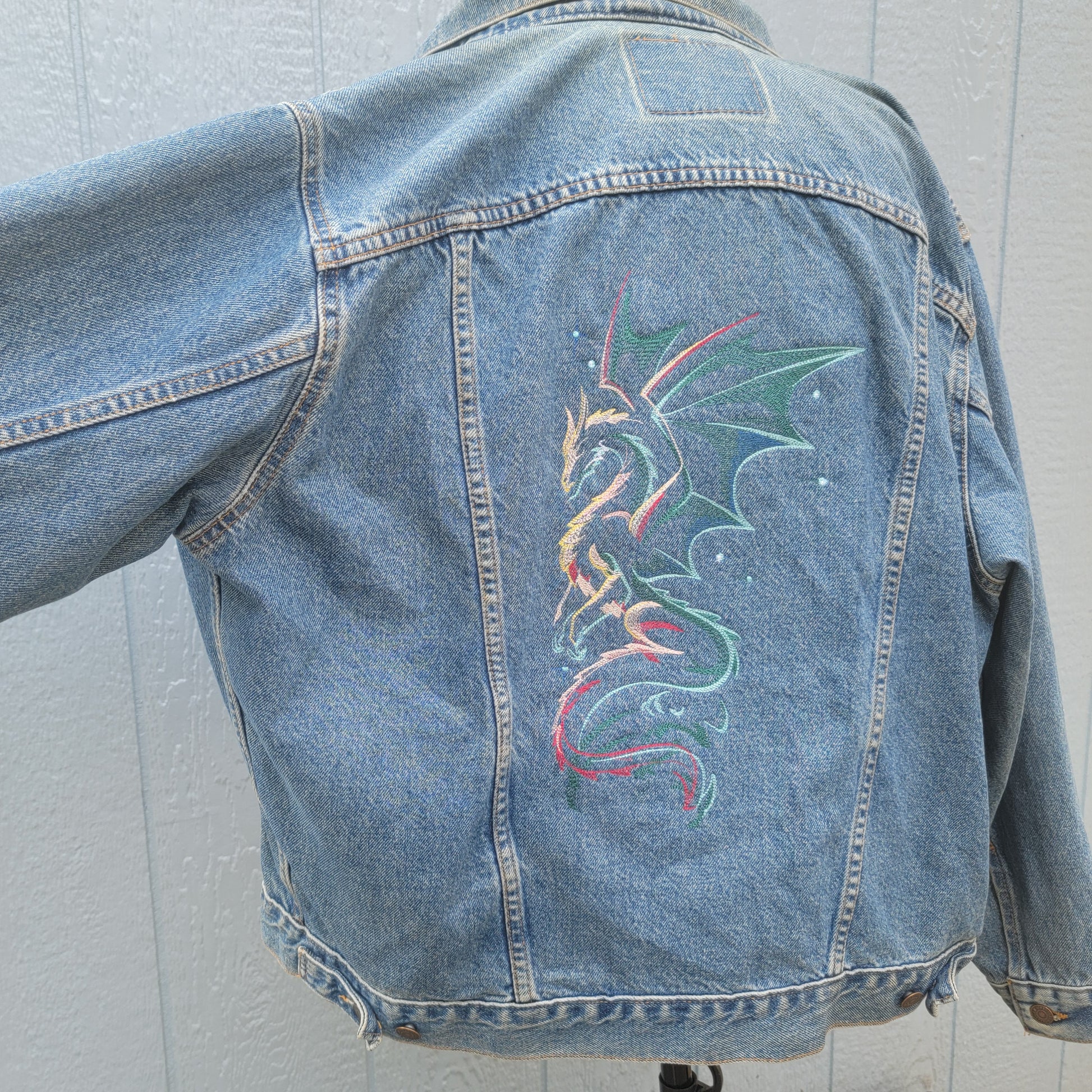 Vintage Levi 1996 Jean Jacket, OOAK Denim Women's Levi Strauss Blue Jean Jacket, Jean Jacket USA with Embroidered Dragon Design