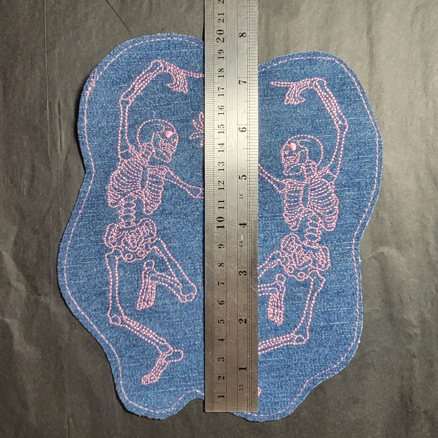 Skeleton, Lacy Skeleton Applique, Dancing Skeletons, Skeletons on upcycled denim.