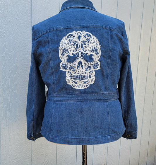 Denim Jean Jacket, Girl, Jones New York, Women's XL Denim, Sport Stretch Blazer, Dark Wash, Gift for Mothers Day, Bride, Stylish Lace Skull