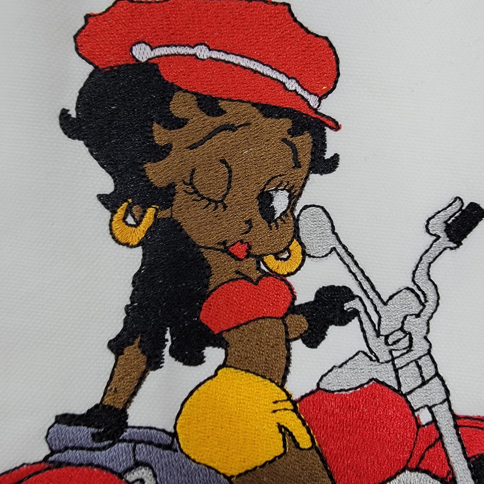 Black Betty Boop, Betty Boop Patches, African American Icons, Cultural, Black History, Black Girl Magic, Handmade, Embroidery, on Motorcycle