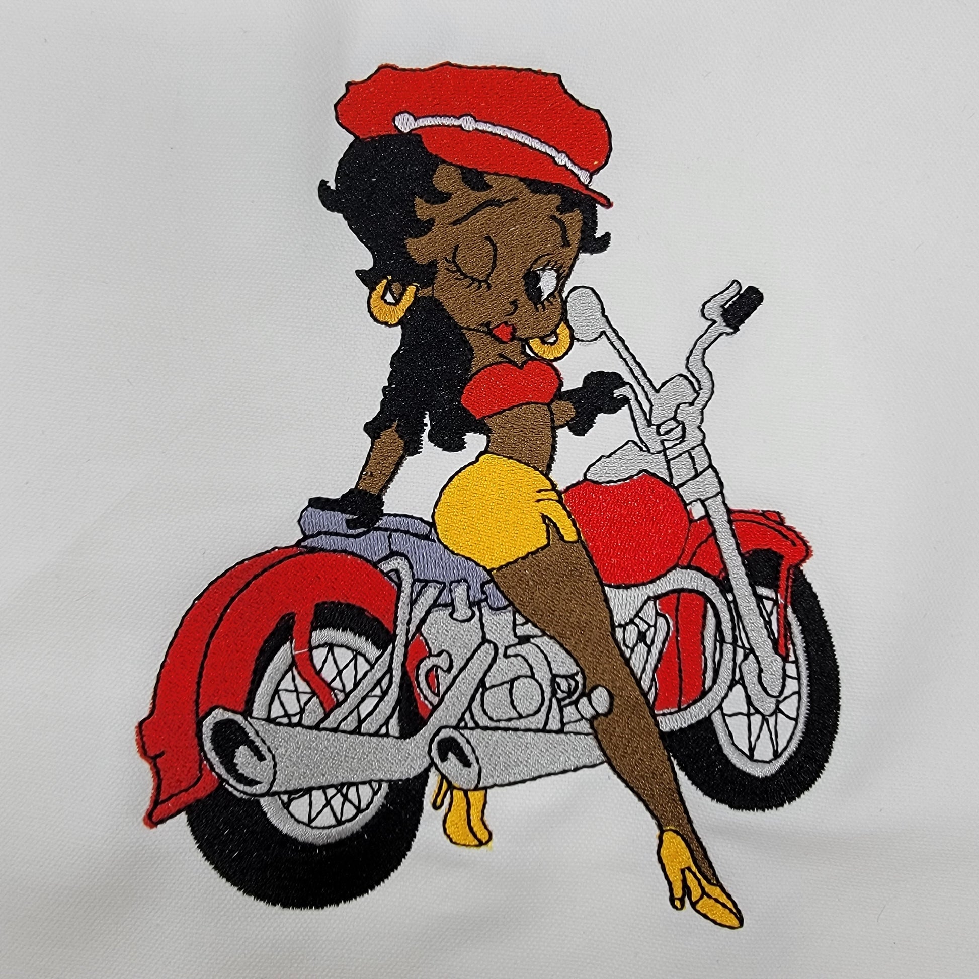 Black Betty Boop, Betty Boop Patches, African American Icons, Cultural, Black History, Black Girl Magic, Handmade, Embroidery, on Motorcycle