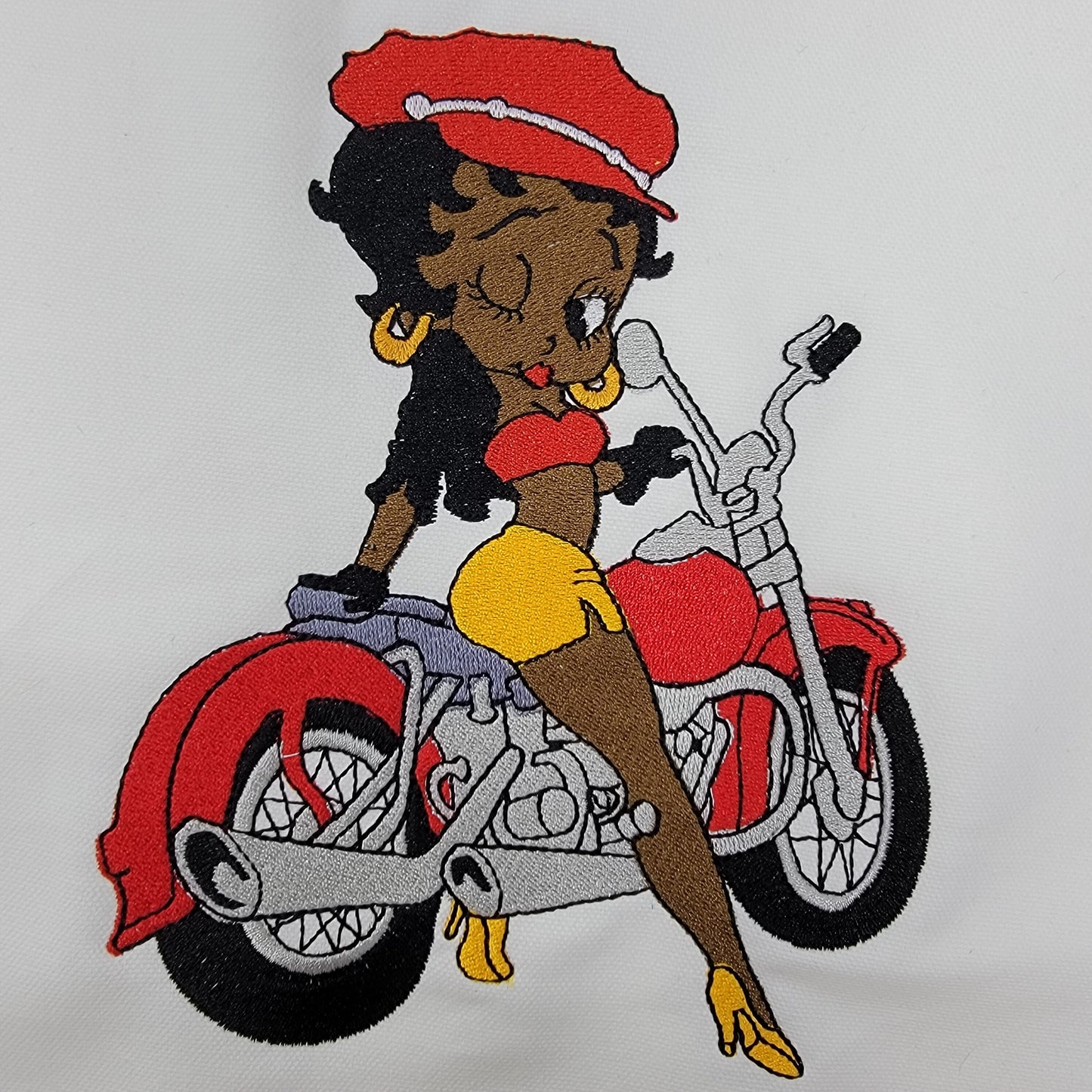 Black Betty Boop, Betty Boop Patches, African American Icons, Cultural, Black History, Black Girl Magic, Handmade, Embroidery, on Motorcycle
