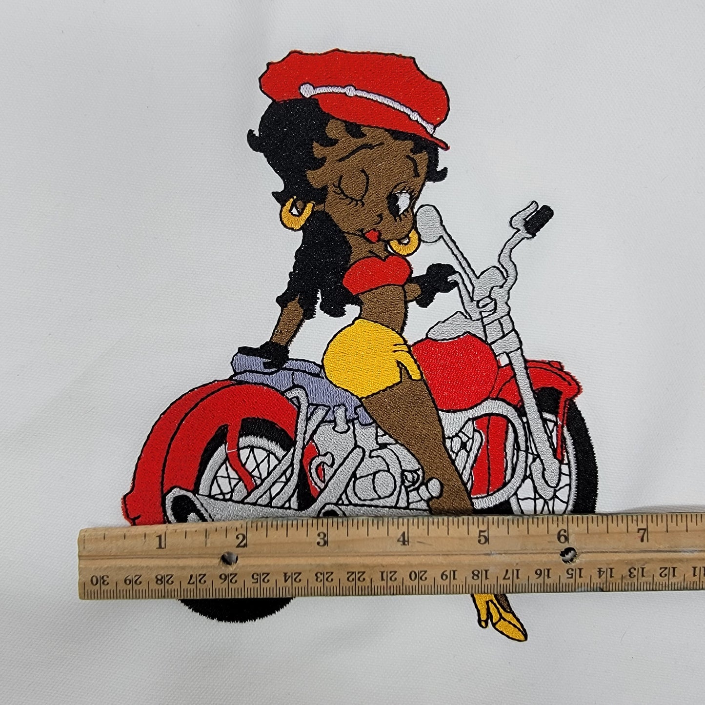 Black Betty Boop, Betty Boop Patches, African American Icons, Cultural, Black History, Black Girl Magic, Handmade, Embroidery, on Motorcycle