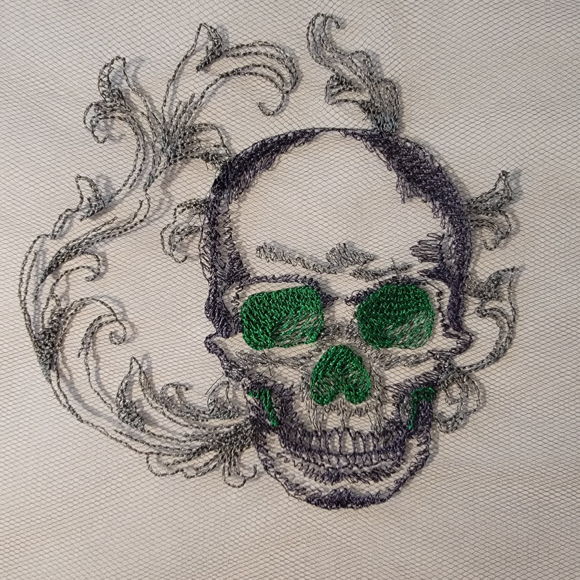 Skull with Baroque Background Stitched on Tulle