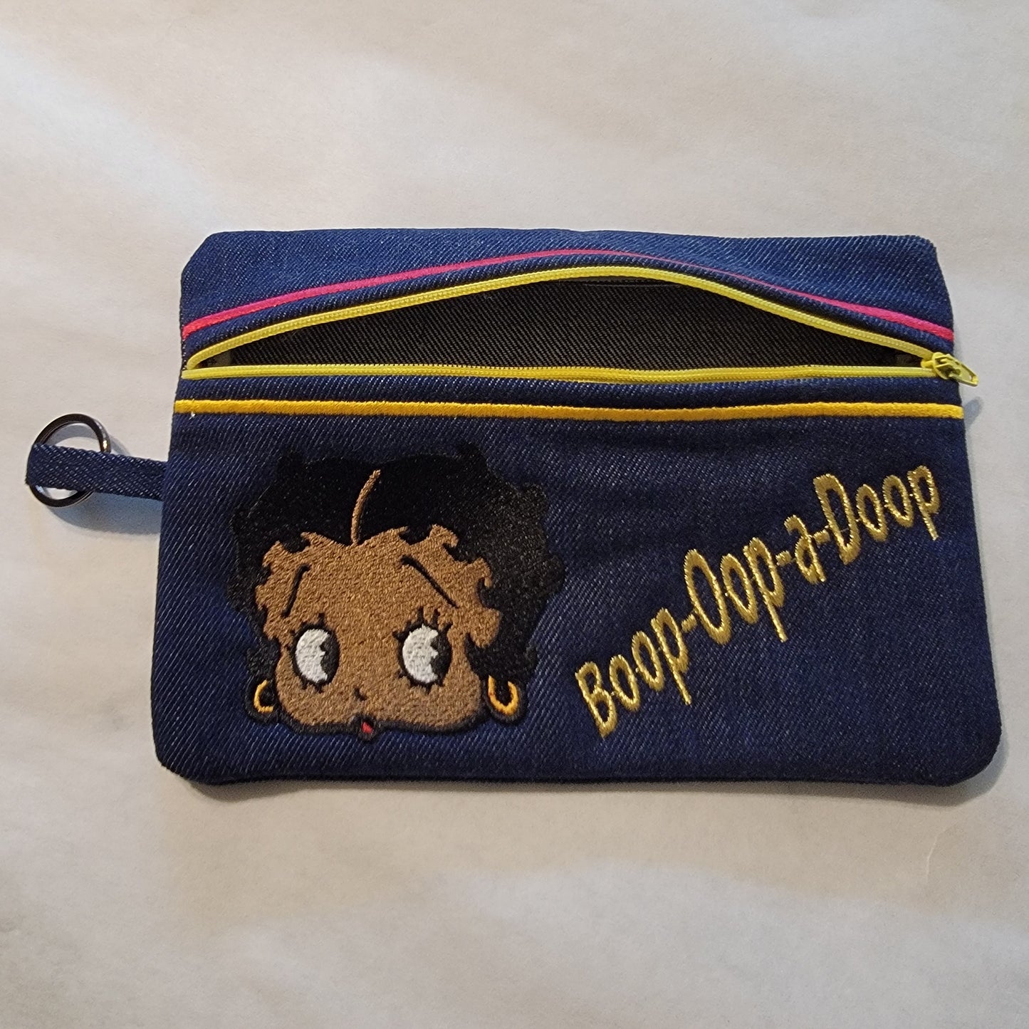 Black Betty Boop Clutch, Two options, Embroidered Denim Clutch with Keyring, Esther Jones