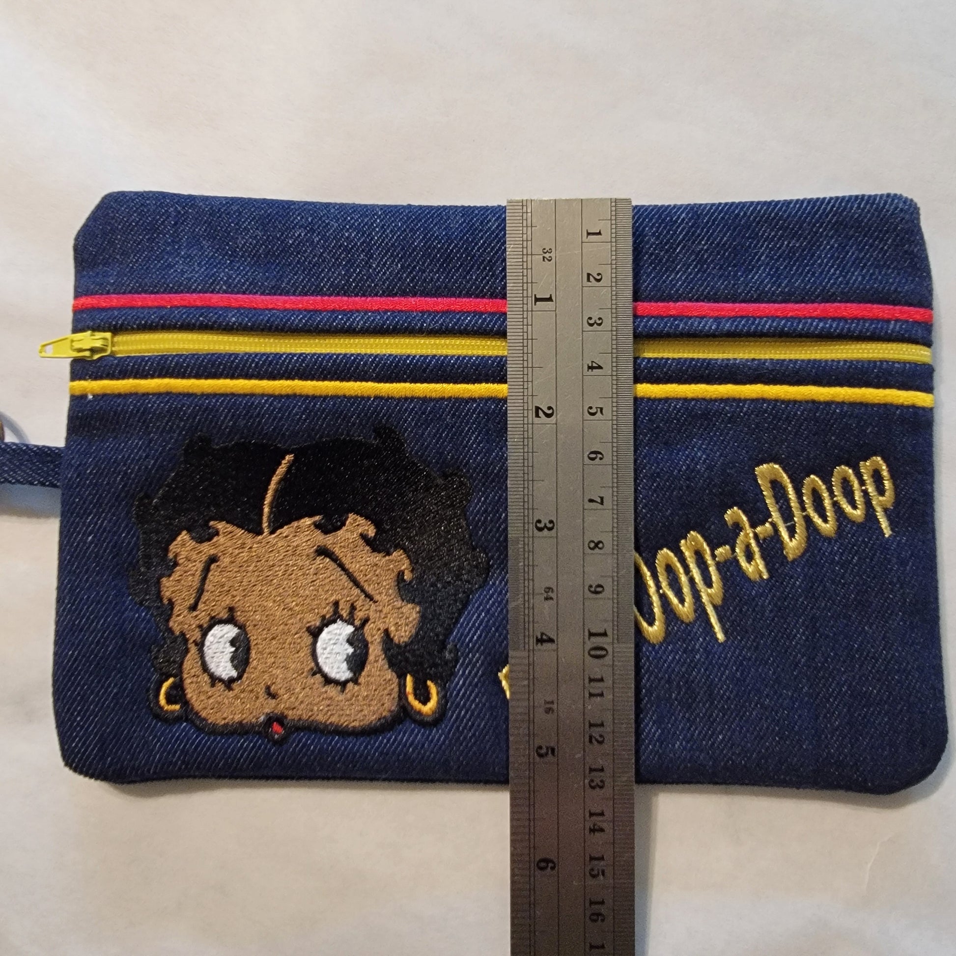 Black Betty Boop Clutch, Two options, Embroidered Denim Clutch with Keyring, Esther Jones