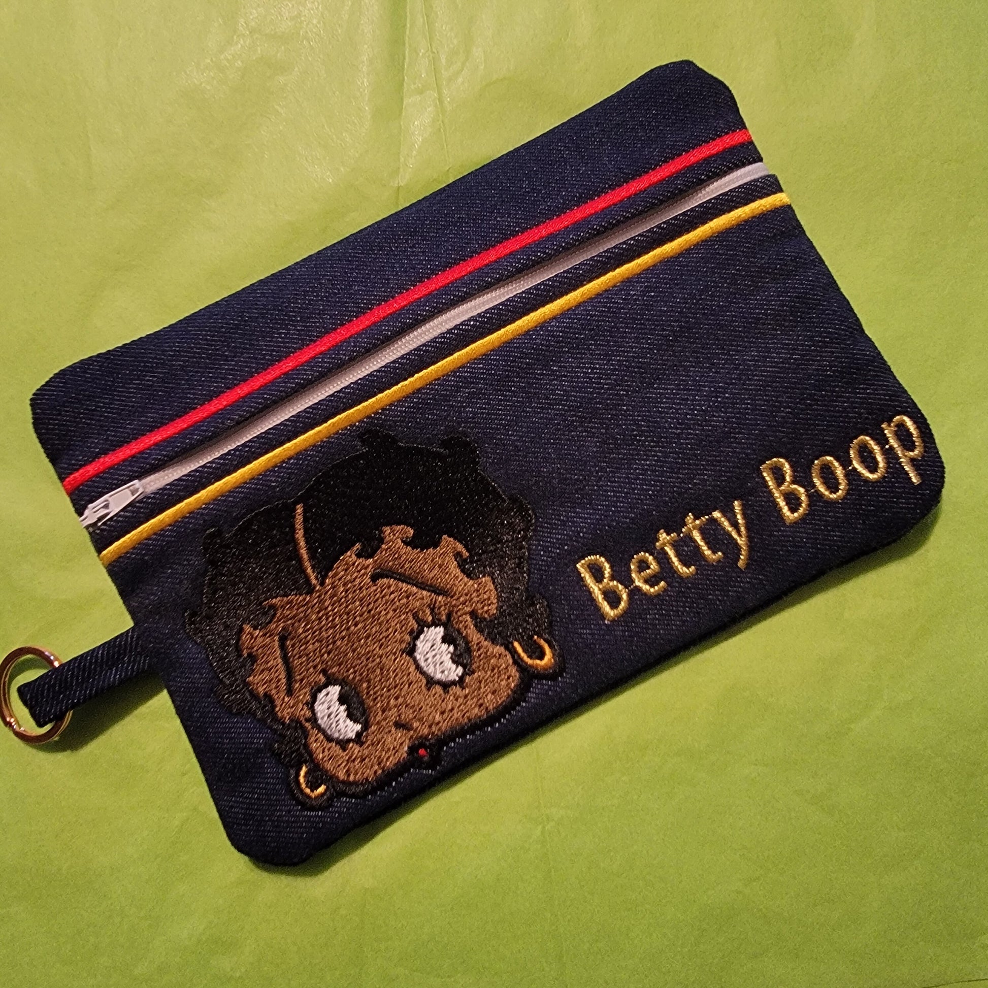 Black Betty Boop Clutch, Two options, Embroidered Denim Clutch with Keyring, Esther Jones