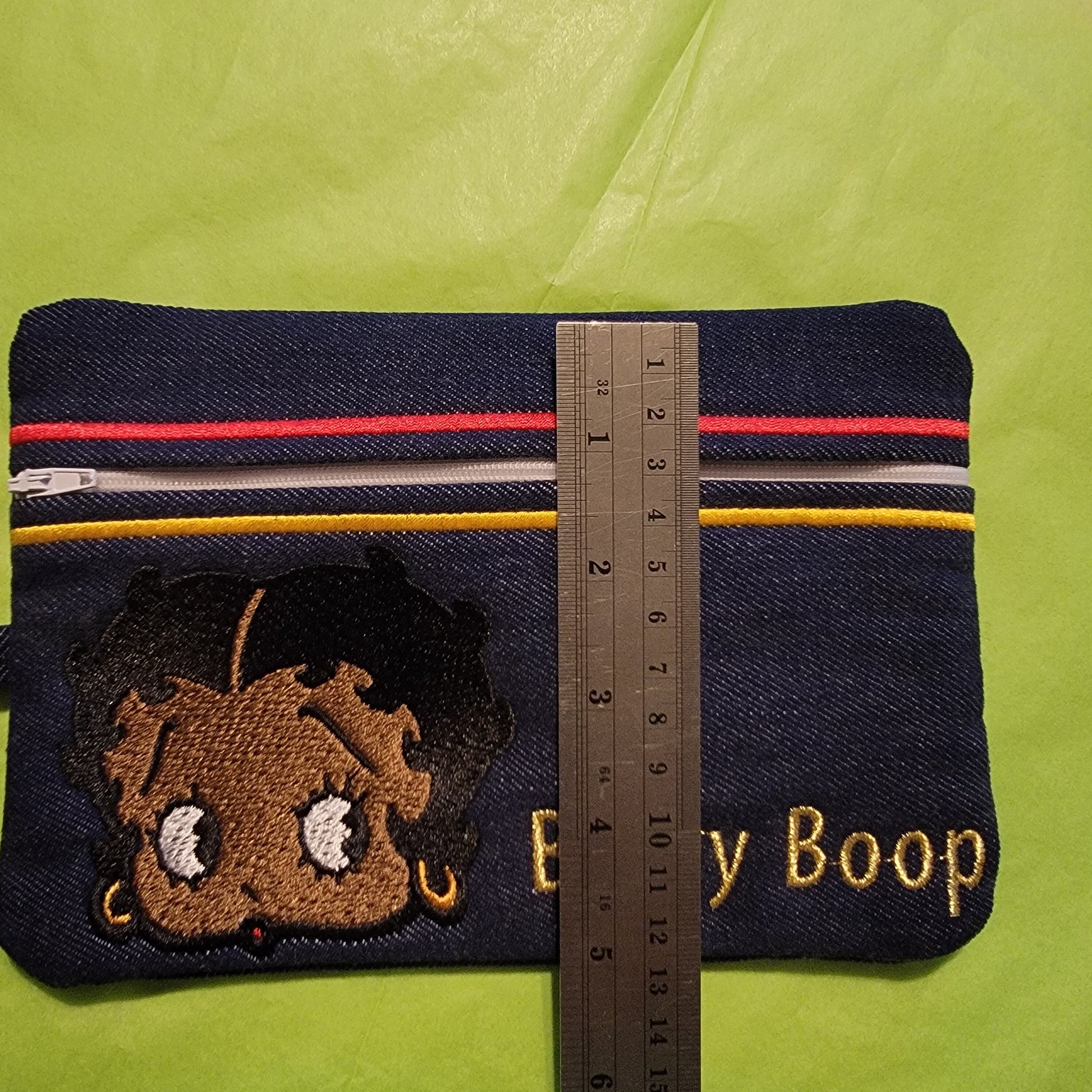 Black Betty Boop Clutch, Two options, Embroidered Denim Clutch with Keyring, Esther Jones