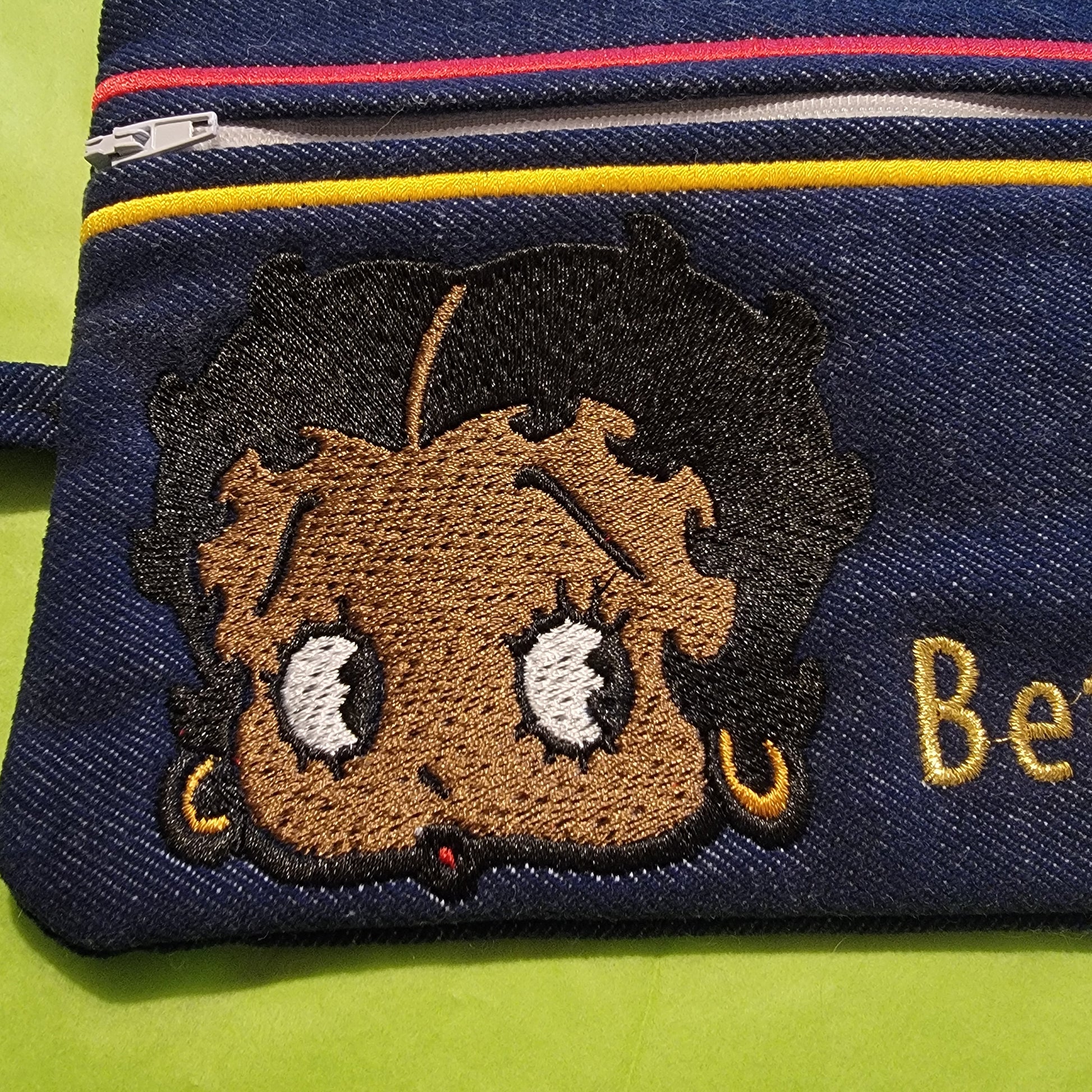 Black Betty Boop Clutch, Two options, Embroidered Denim Clutch with Keyring, Esther Jones