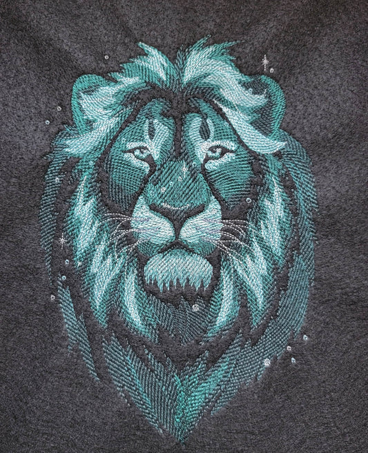 Lion Patch or Tapestry, Blue Embroidered Lion on Black Felt, Iron- On Patch, Wall Hanging