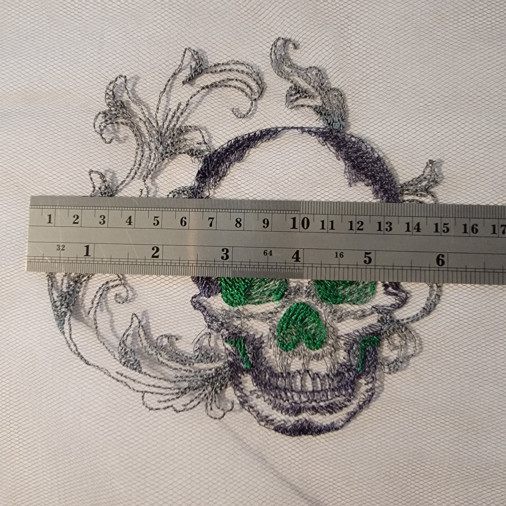 Skull with Baroque Background Stitched on Tulle