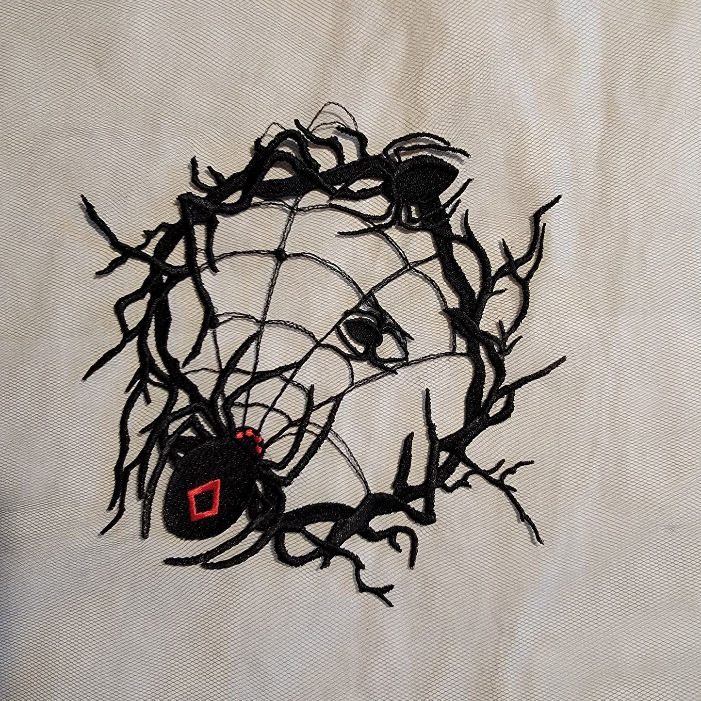 Spider and Spider Web stitched on on Black or White Tulle