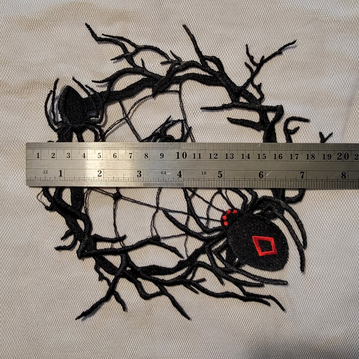 Spider and Spider Web stitched on on Black or White Tulle