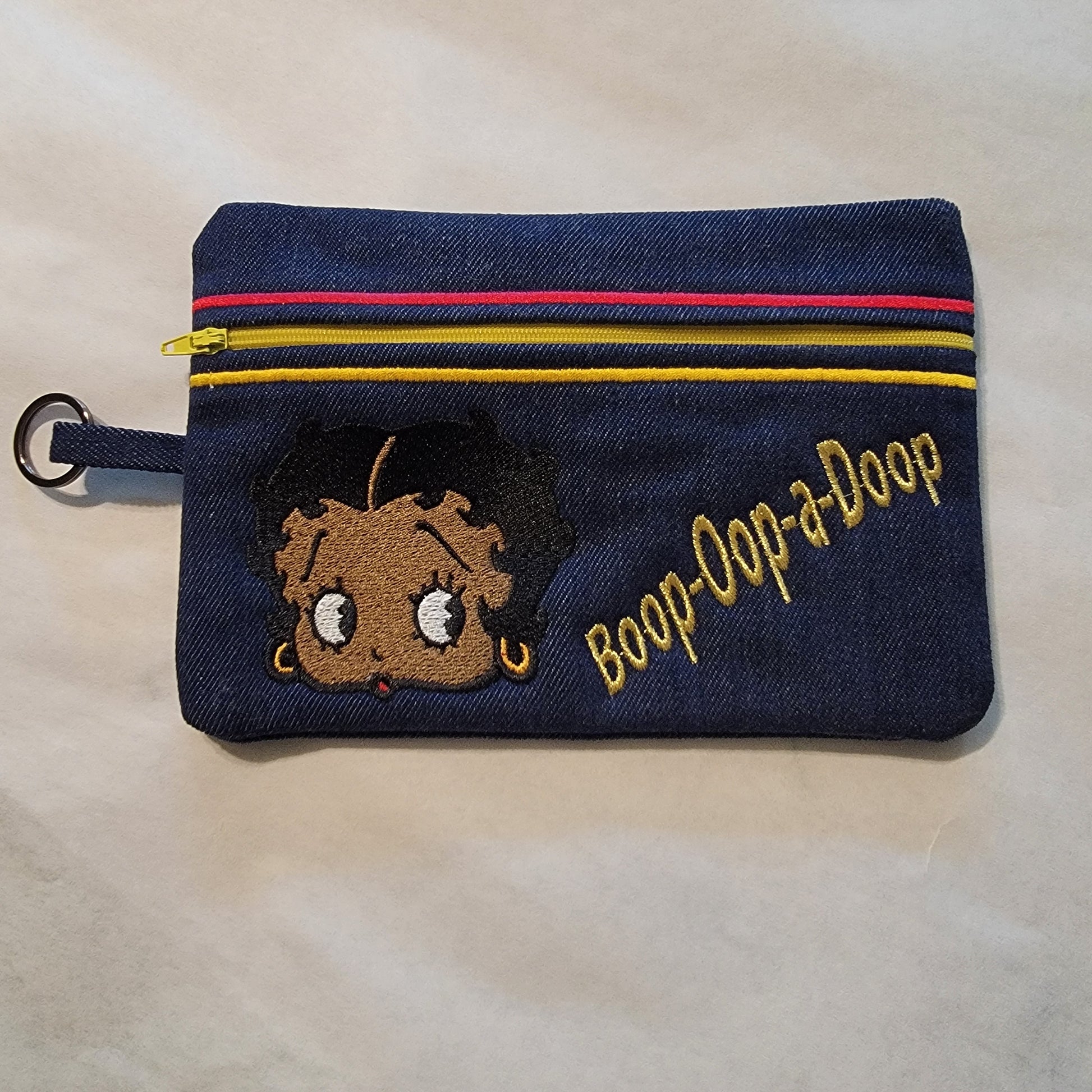 Black Betty Boop Clutch, Two options, Embroidered Denim Clutch with Keyring, Esther Jones