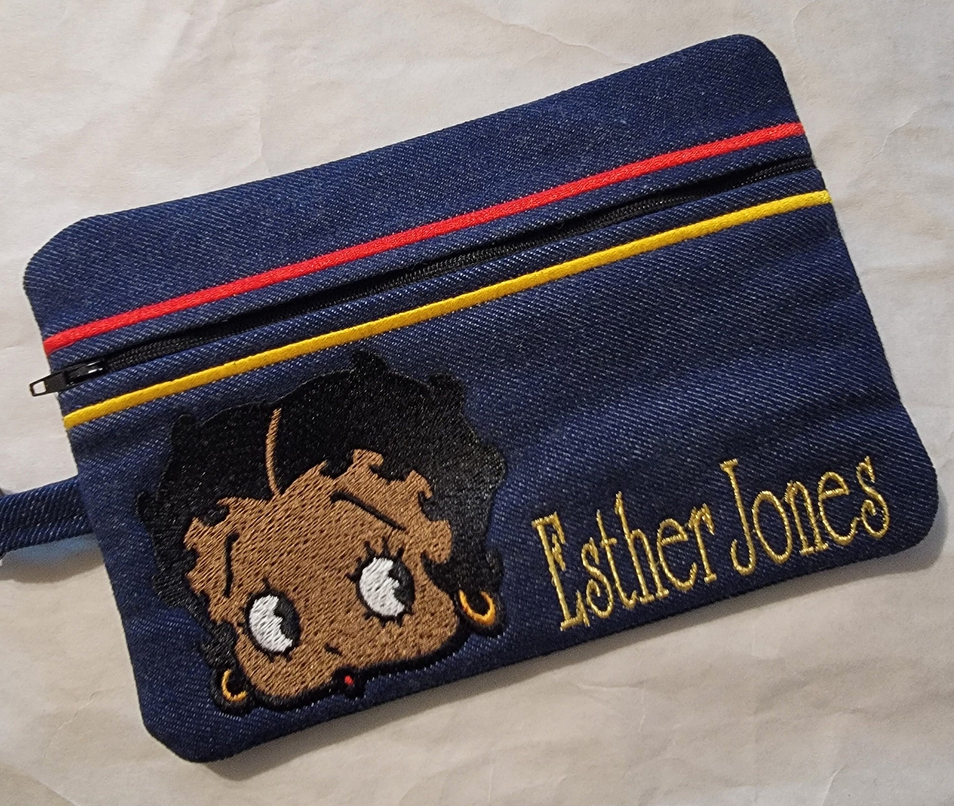 Black Betty Boop Clutch, Two options, Embroidered Denim Clutch with Keyring, Esther Jones