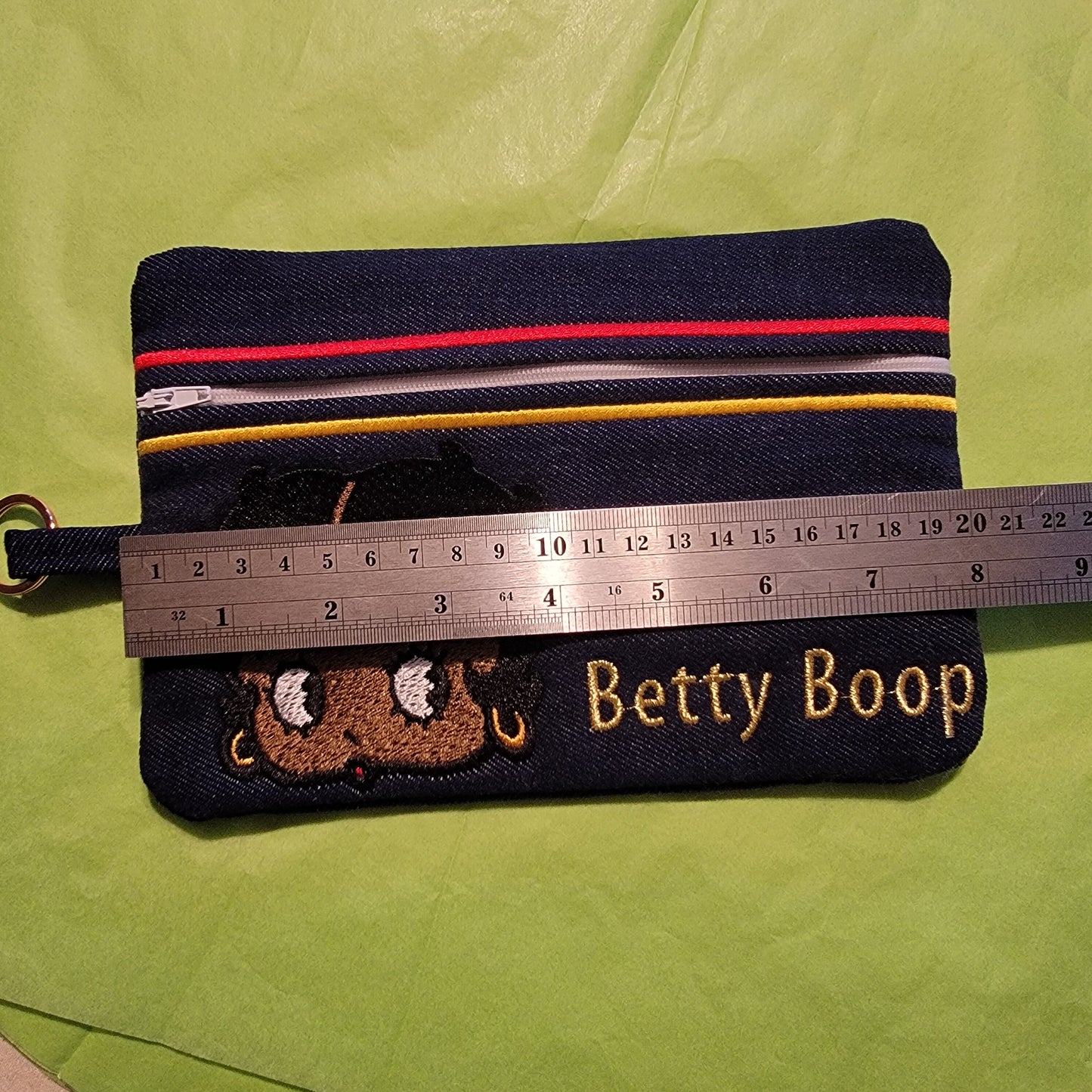 Black Betty Boop Clutch, Two options, Embroidered Denim Clutch with Keyring, Esther Jones
