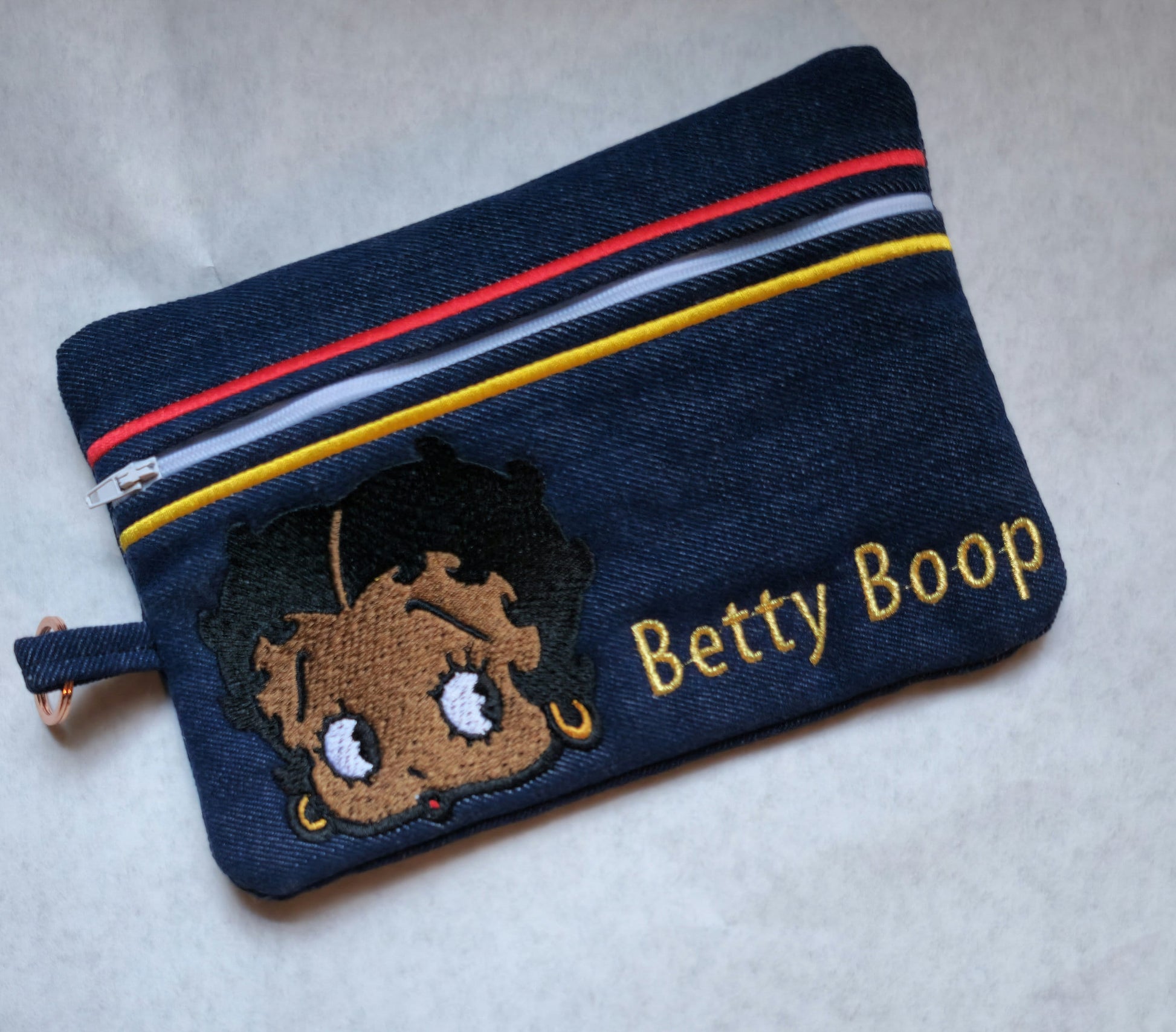 Black Betty Boop Clutch, Two options, Embroidered Denim Clutch with Keyring, Esther Jones