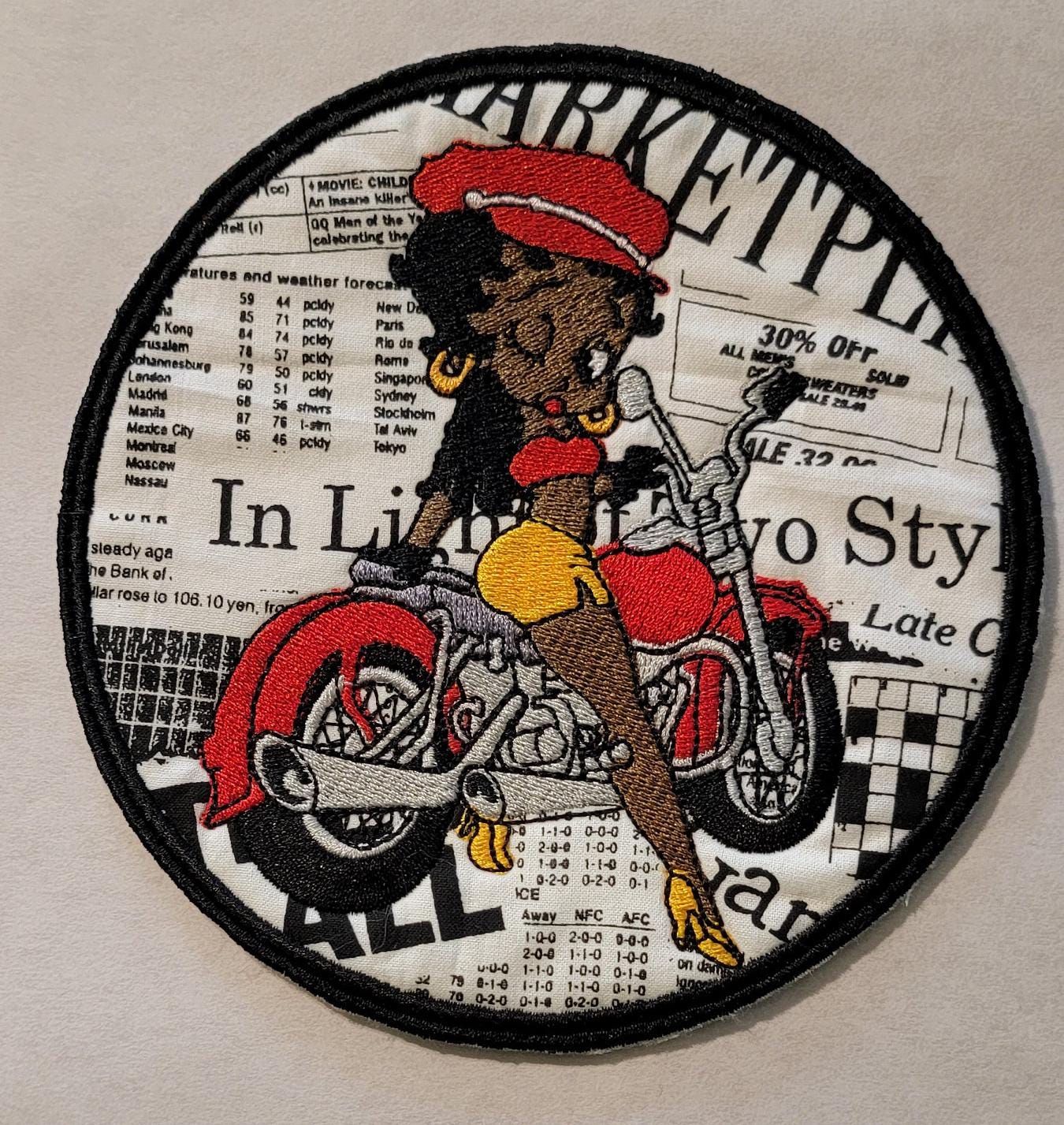 Betty Boop on her Motorcycle Patch. Black Betty Boop Patches, Black Girl Magic, Black Icons, African American History,
