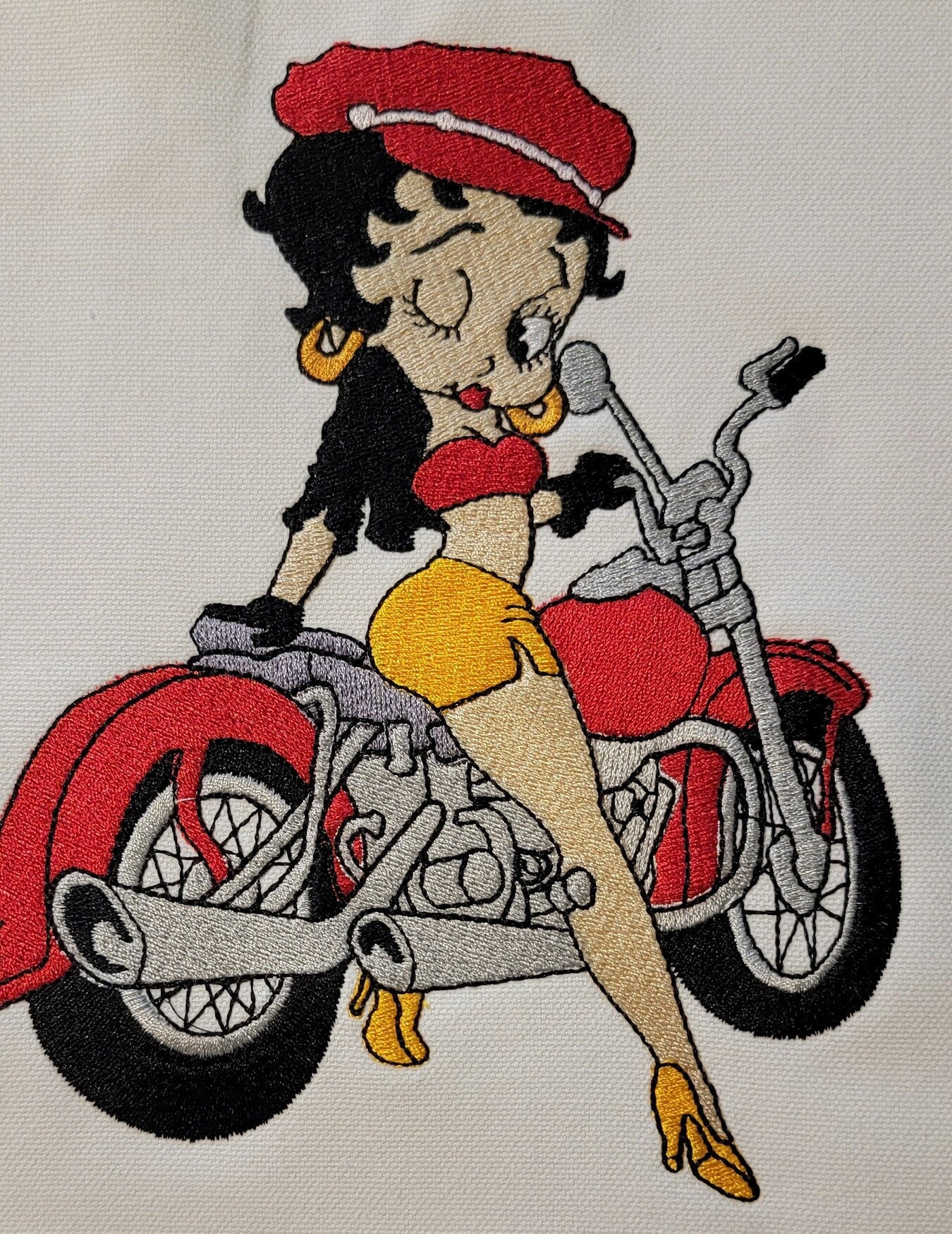 Black Betty Boop, Betty Boop Patches, African American Icons, Cultural, Black History, Black Girl Magic, Handmade, Embroidery, on Motorcycle