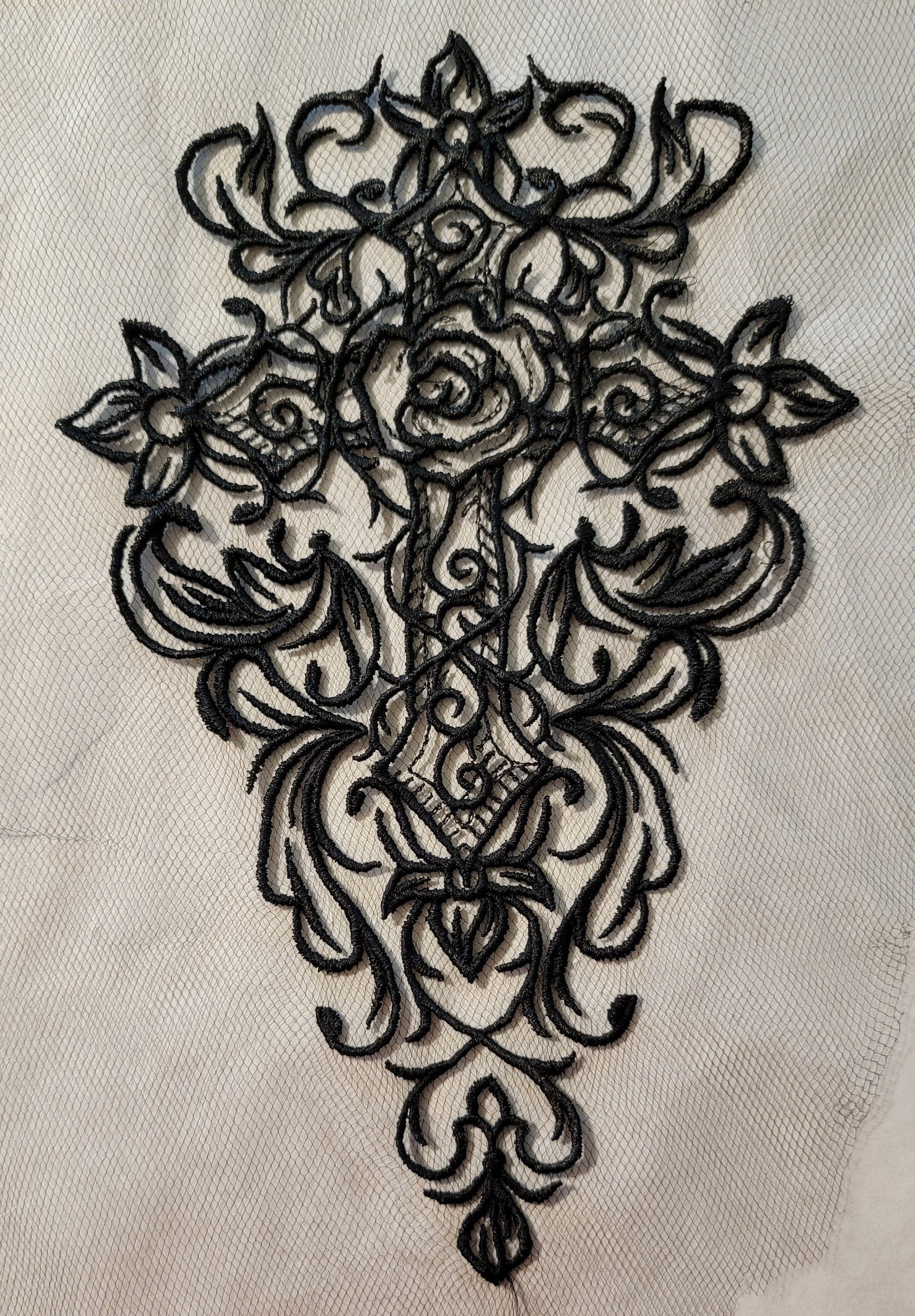 Black Cross, New! Black Cross on Black Tulle, Creepy, Bugs, Spooky, Halloween, Gothic Catholic Decor, Halloween colors available!!