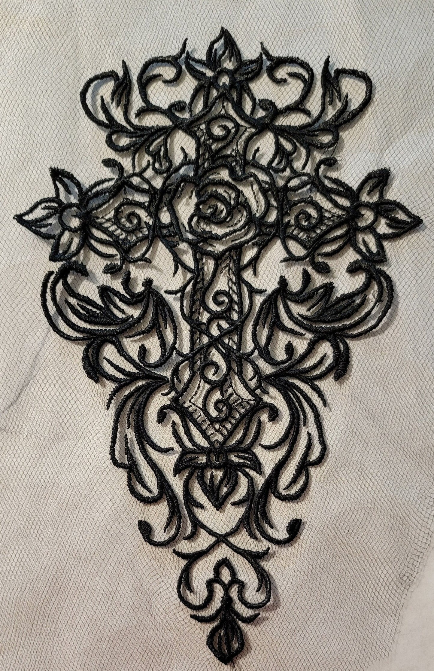 Black Cross, New! Black Cross on Black Tulle, Creepy, Bugs, Spooky, Halloween, Gothic Catholic Decor, Halloween colors available!!