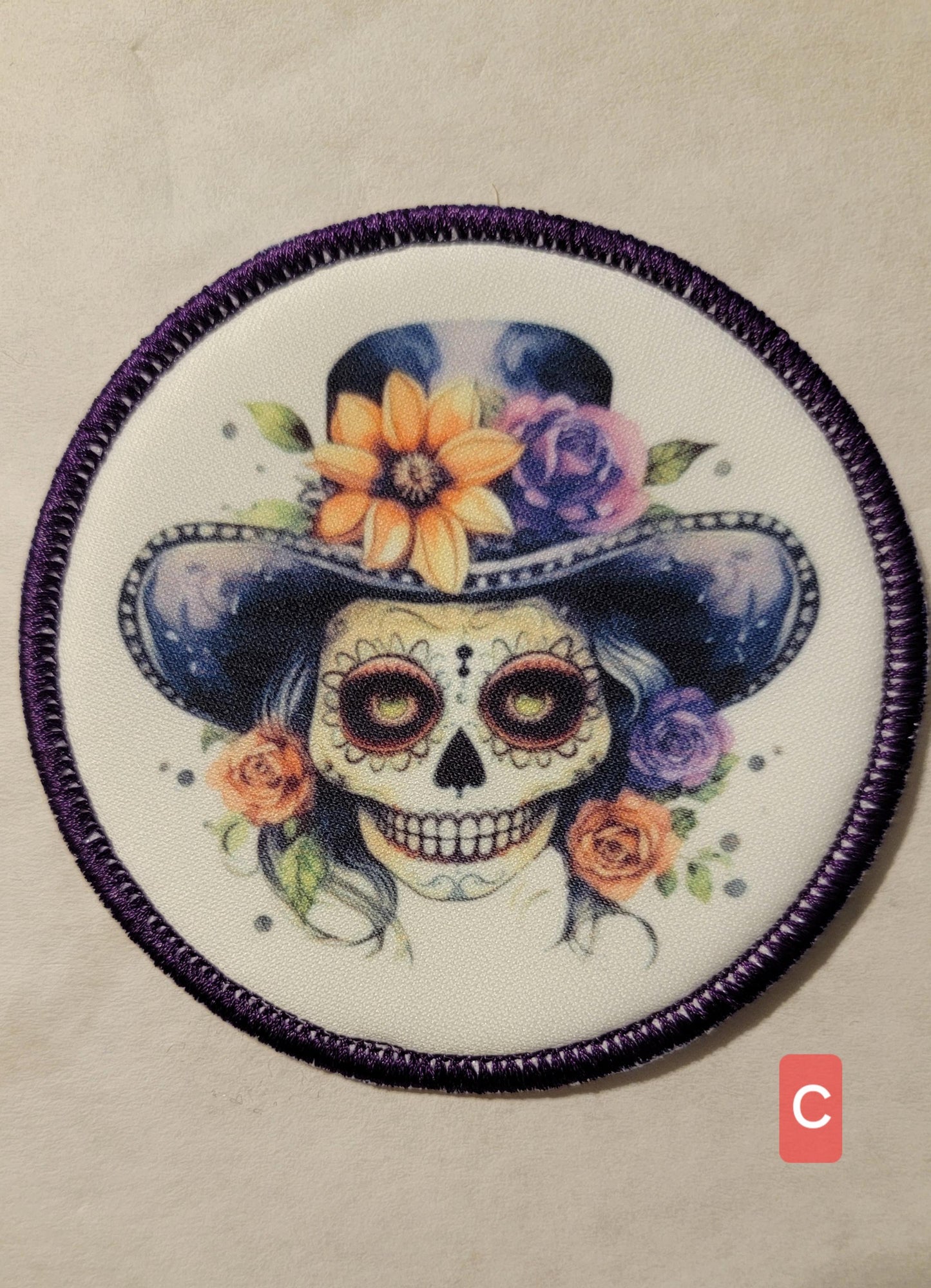 Skull Cameo, Sugar Skull Sublimated on Polyester with an Embroidered Border