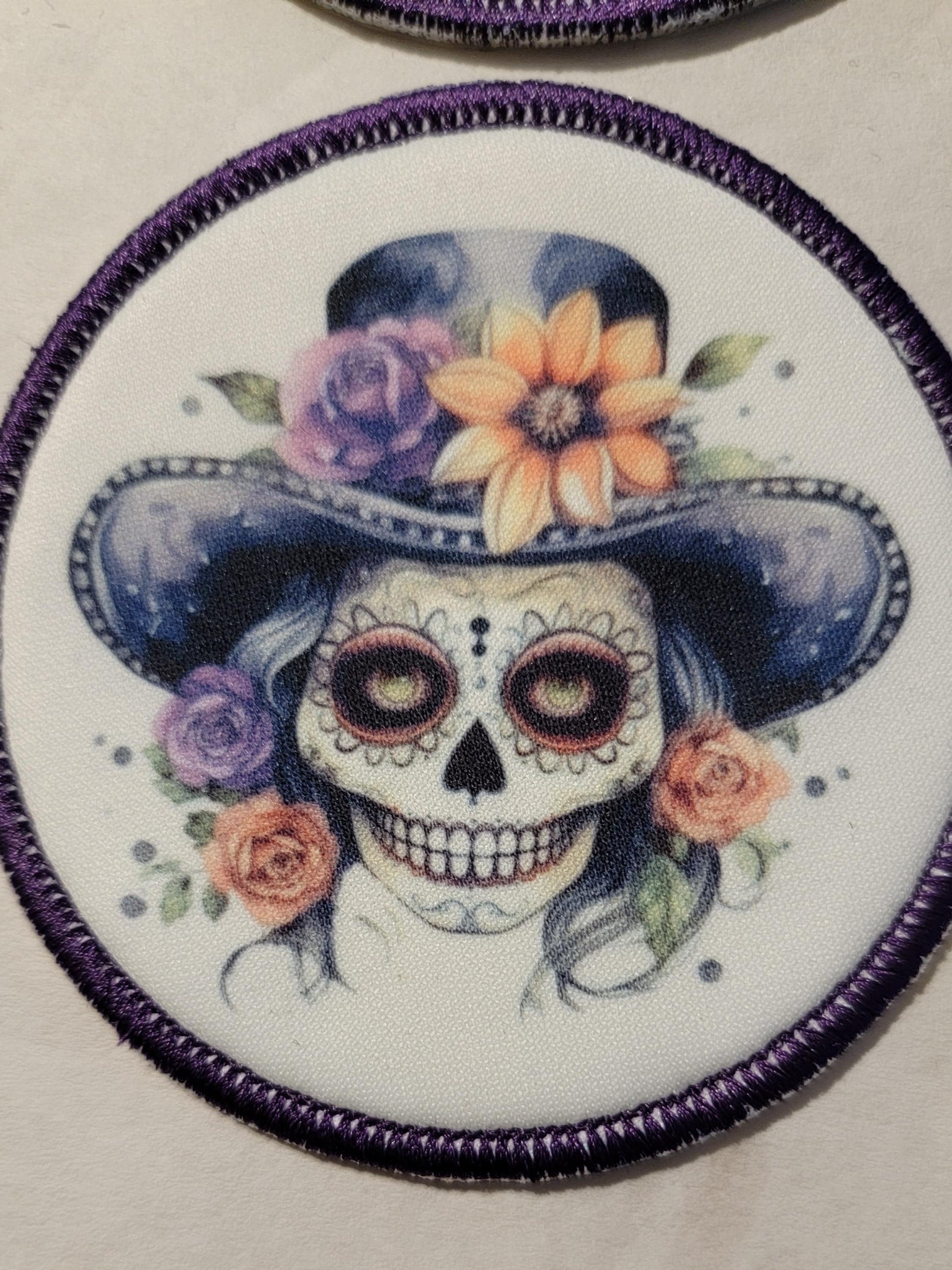 Skull Cameo, Sugar Skull Sublimated on Polyester with an Embroidered Border
