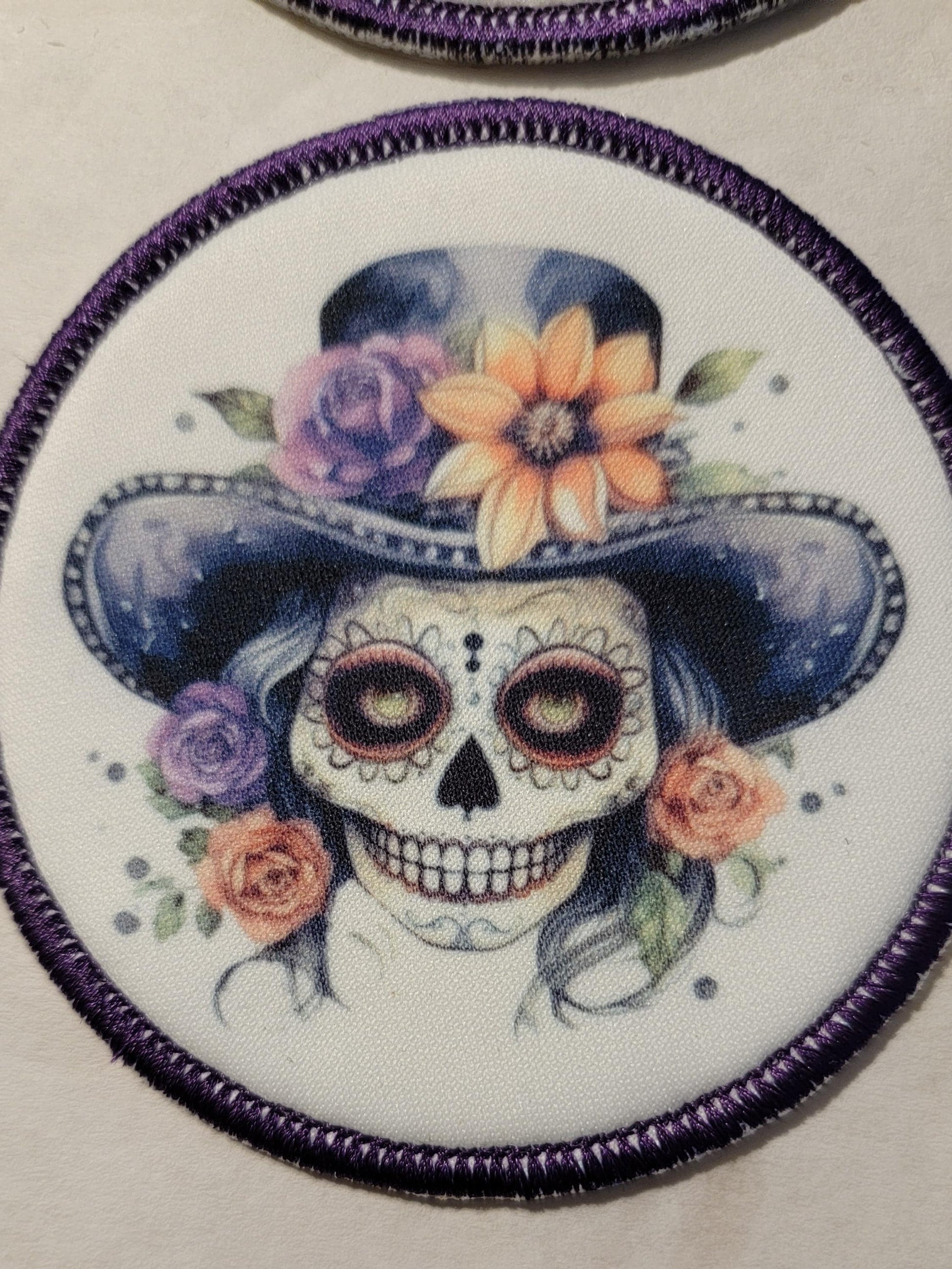 Skull Cameo, Sugar Skull Sublimated on Polyester with an Embroidered Border