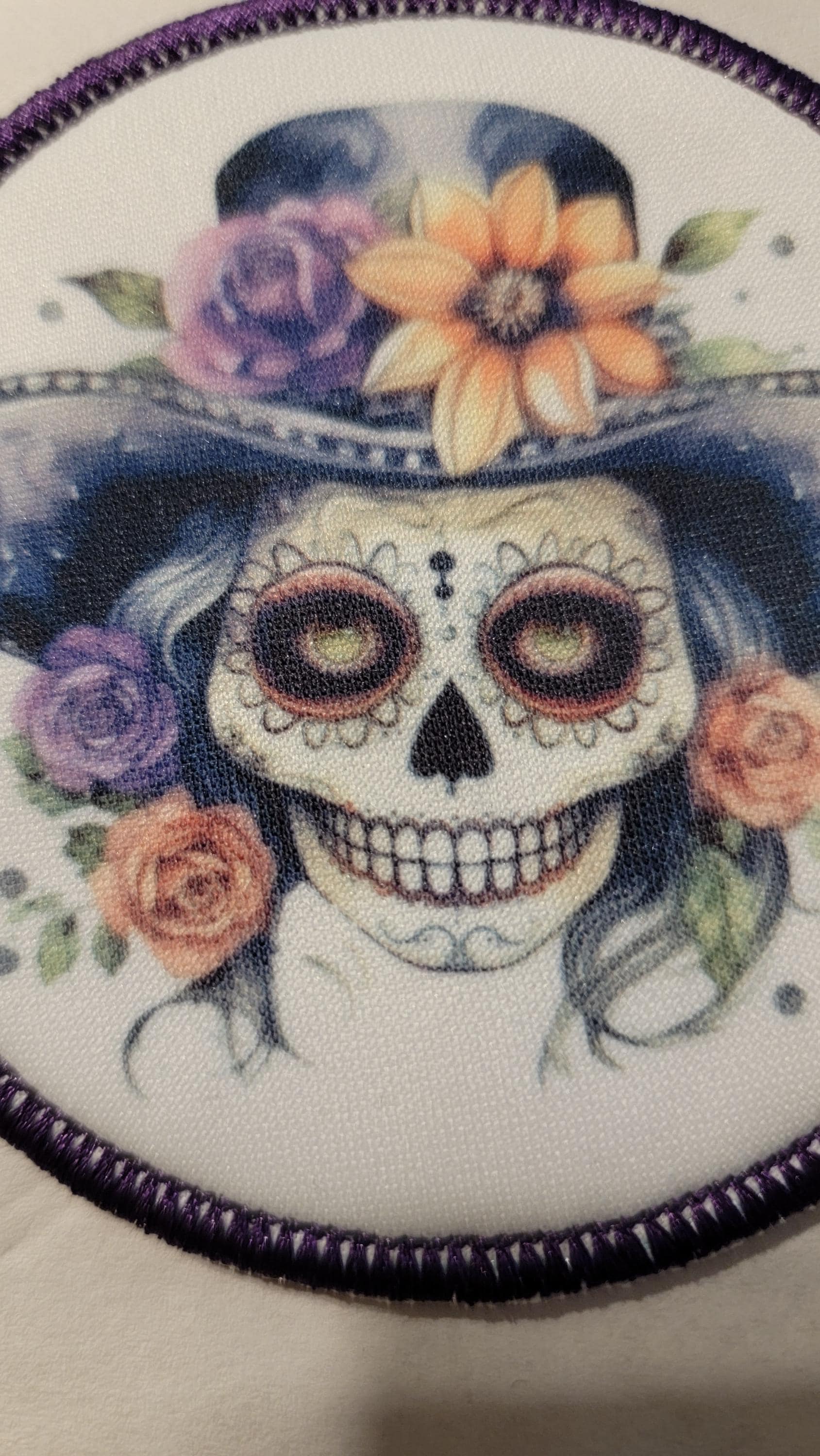 Skull Cameo, Sugar Skull Sublimated on Polyester with an Embroidered Border