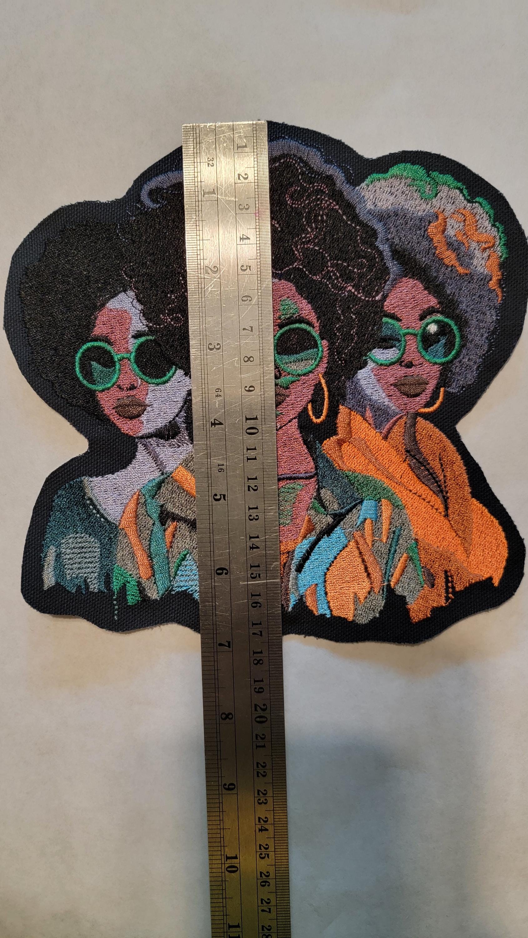Black Sisters Patch, Iron-on Canvas Patch, Discontinued Canvas Patches, African American Women, Three Vibrant Sisters stitched Black Canvas