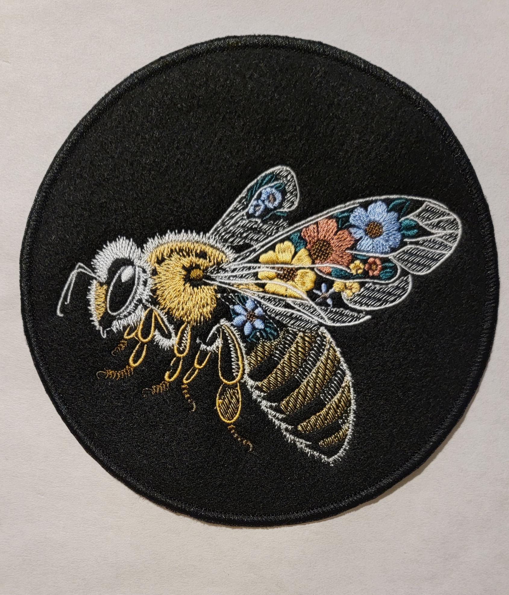 Bee Embroidery Patch, Beautifully Embroidered Bee on Black Felt with Iron-on placement adhesive.