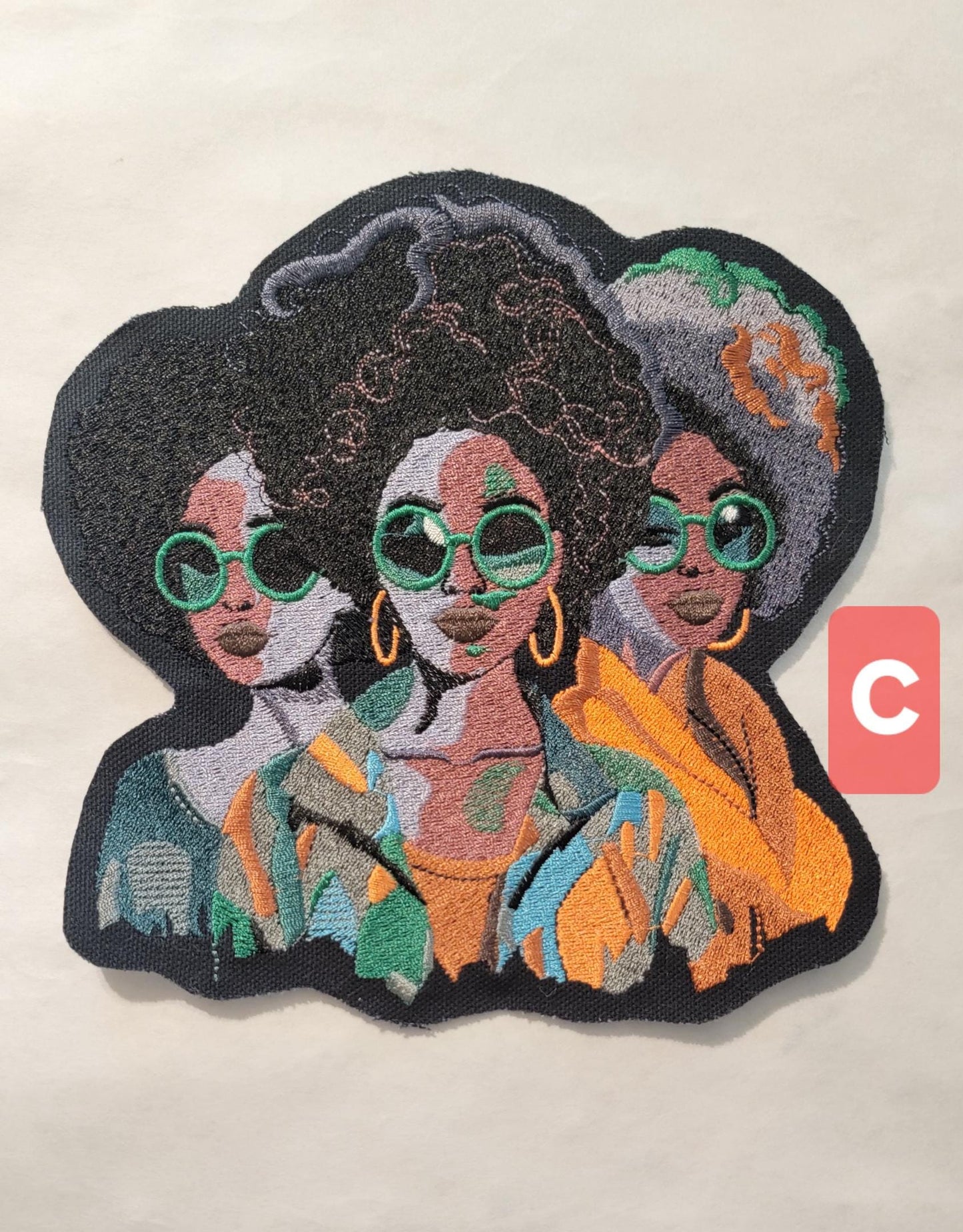 Black Sisters Patch, Iron-on Canvas Patch, Discontinued Canvas Patches, African American Women, Three Vibrant Sisters stitched Black Canvas
