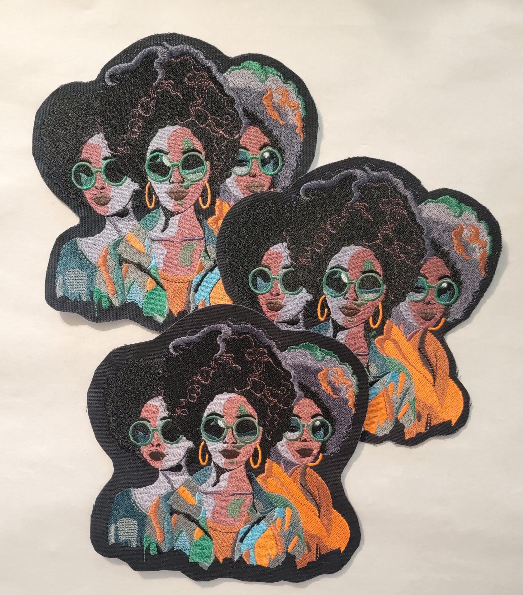 Black Sisters Patch, Iron-on Canvas Patch, Discontinued Canvas Patches, African American Women, Three Vibrant Sisters stitched Black Canvas