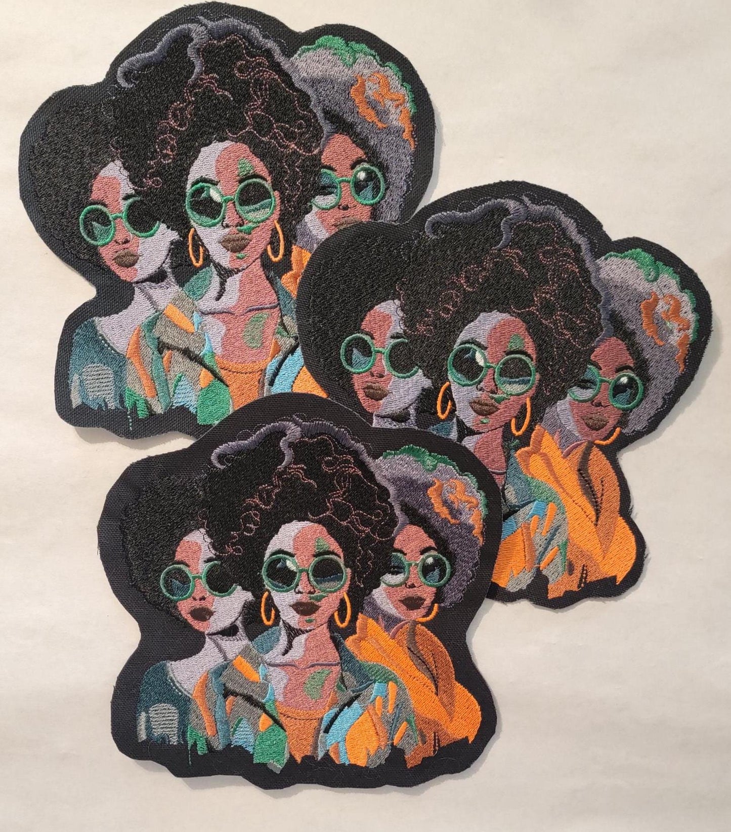 Black Sisters Patch, Iron-on Canvas Patch, Discontinued Canvas Patches, African American Women, Three Vibrant Sisters stitched Black Canvas