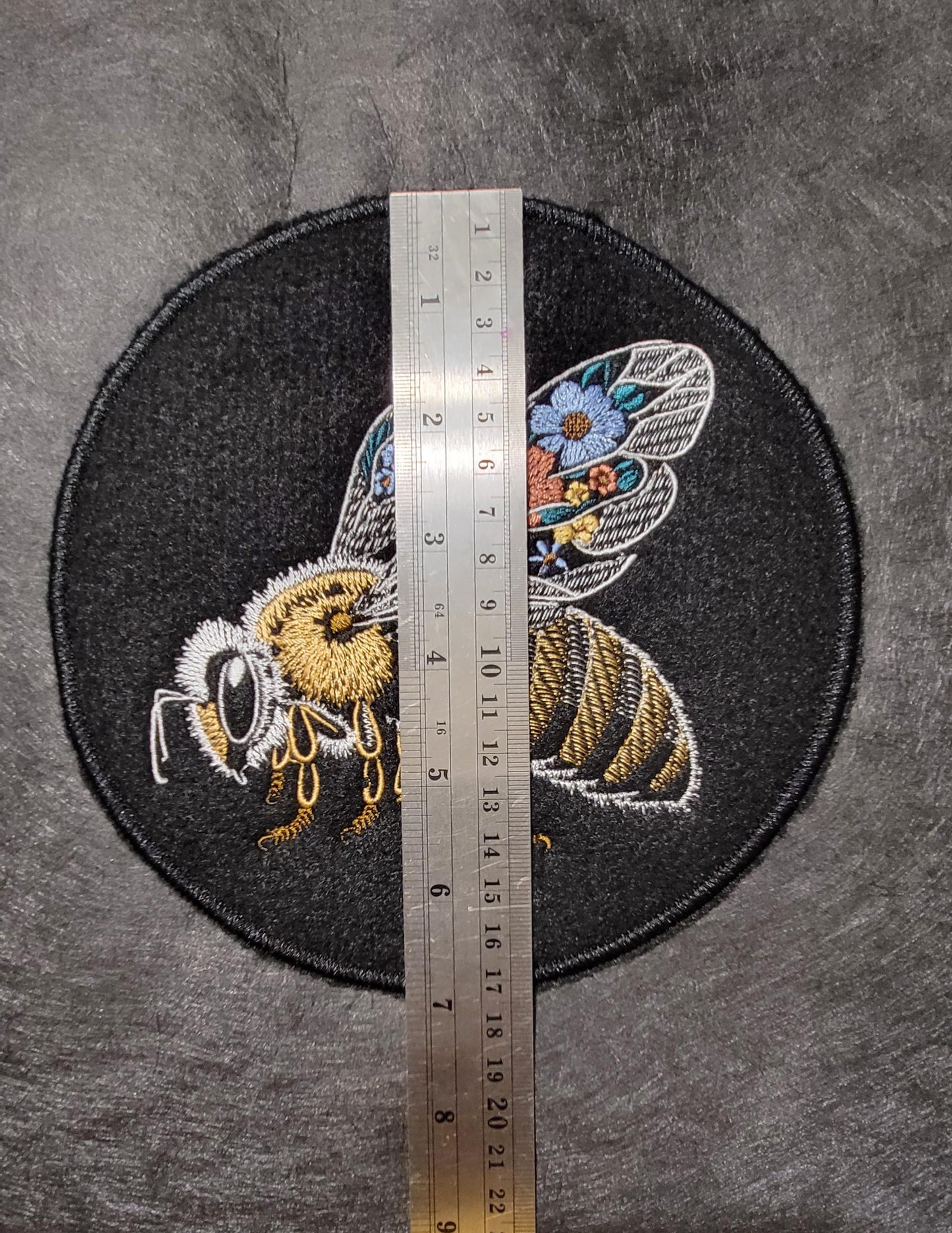 Bee Embroidery Patch, Beautifully Embroidered Bee on Black Felt with Iron-on placement adhesive.