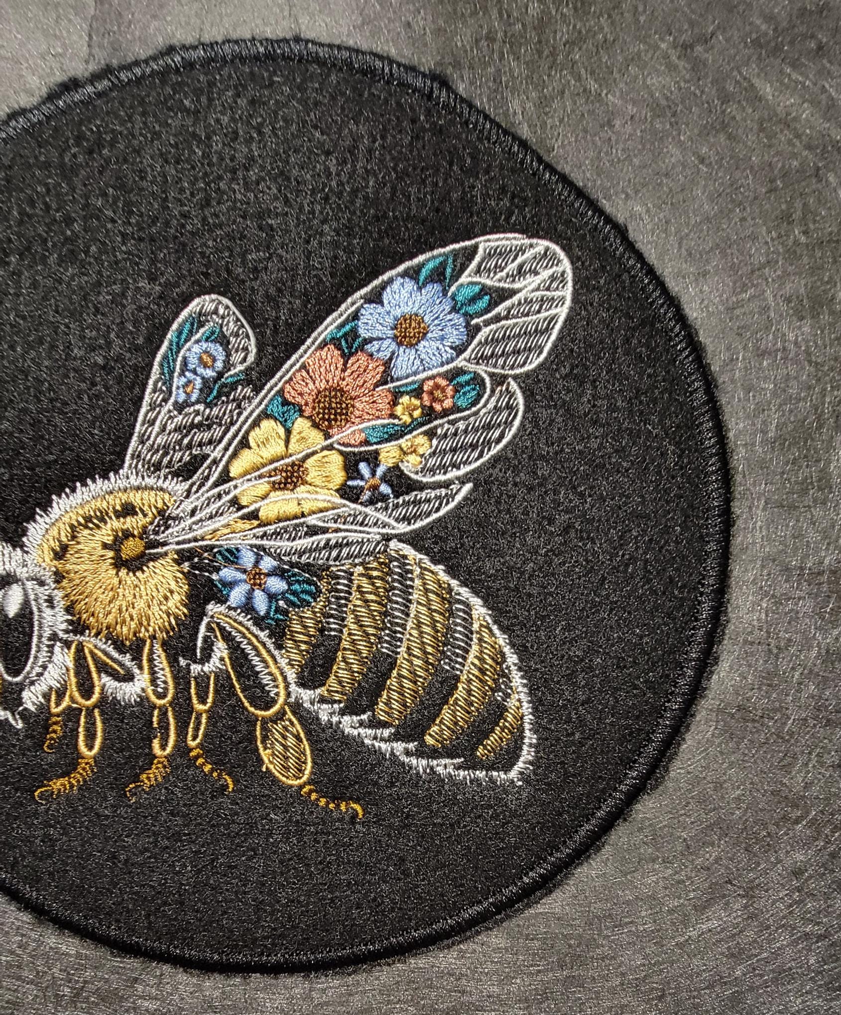 Bee Embroidery Patch, Beautifully Embroidered Bee on Black Felt with Iron-on placement adhesive.