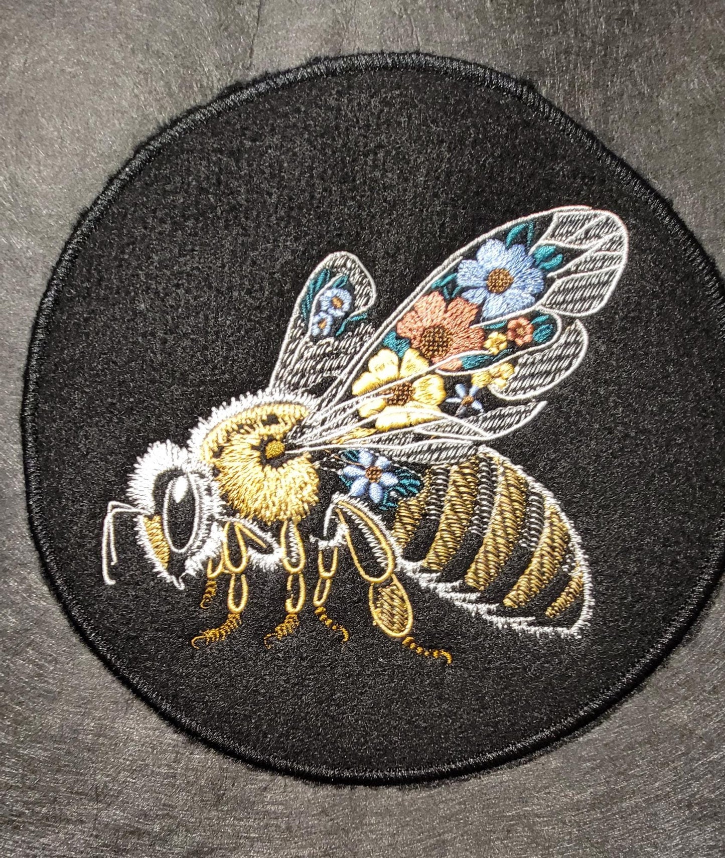 Bee Embroidery Patch, Beautifully Embroidered Bee on Black Felt with Iron-on placement adhesive.