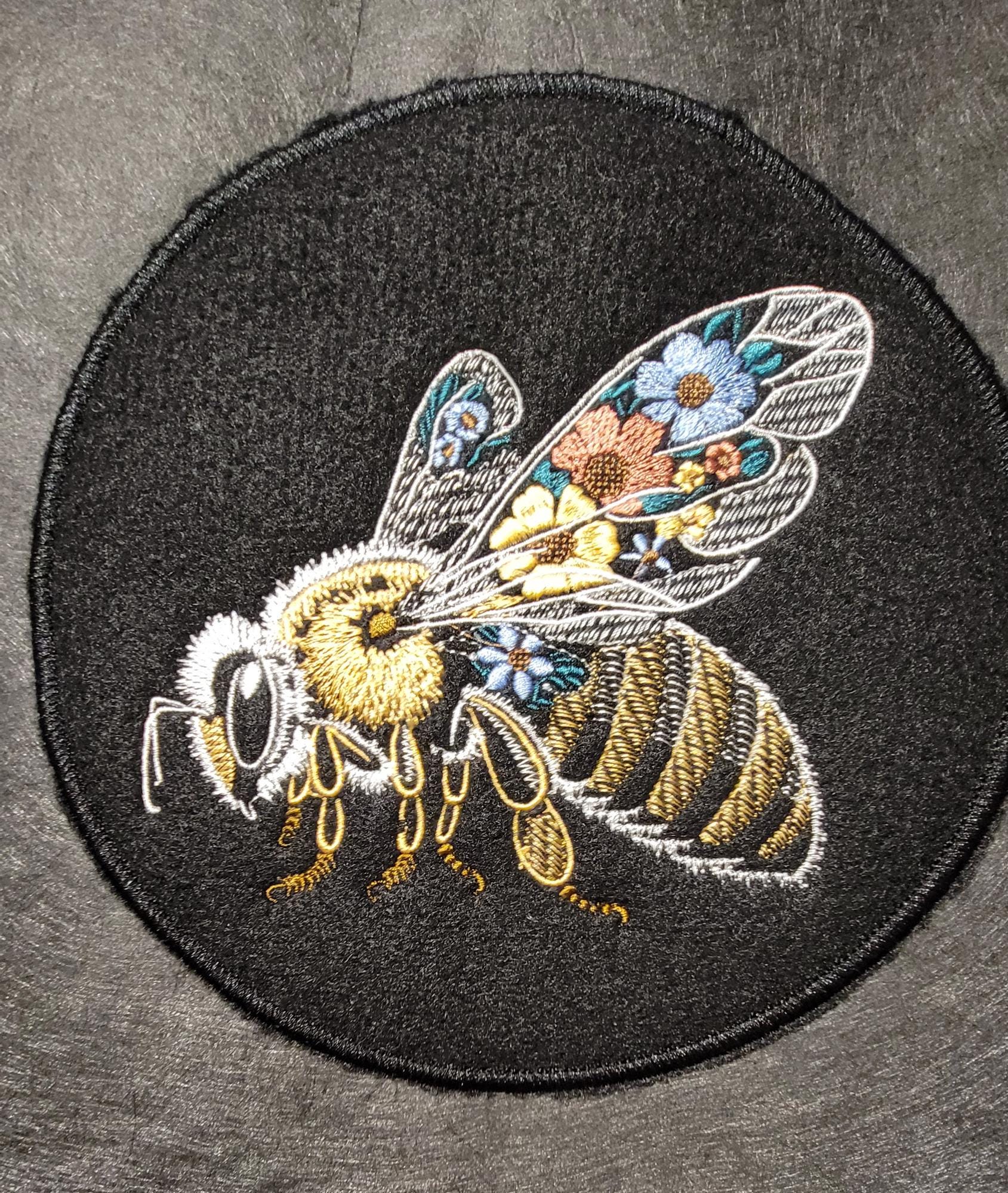 Bee Embroidery Patch, Beautifully Embroidered Bee on Black Felt with Iron-on placement adhesive.
