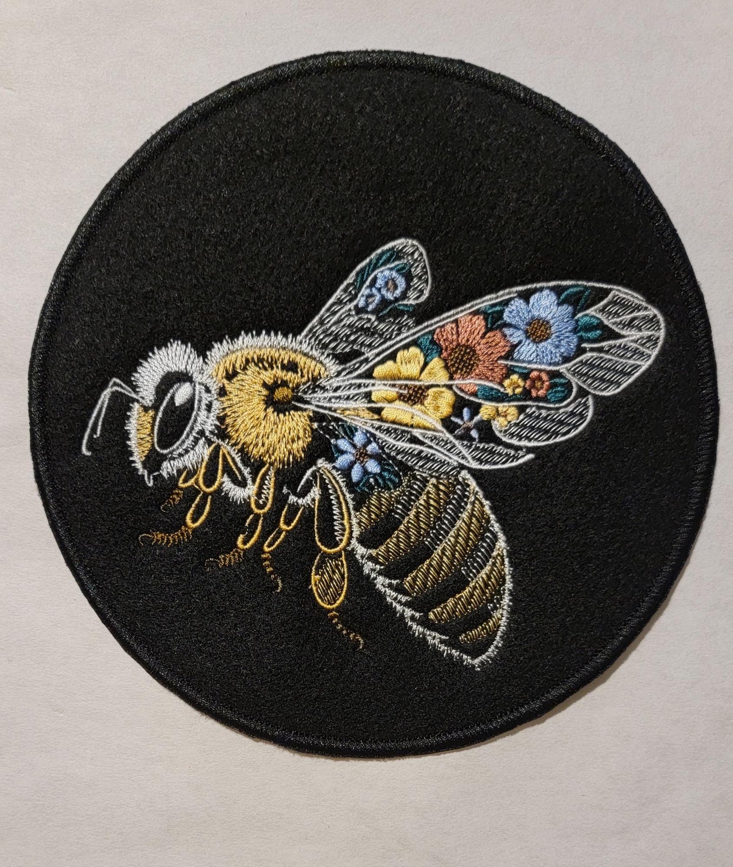 Bee Embroidery Patch, Beautifully Embroidered Bee on Black Felt with Iron-on placement adhesive.