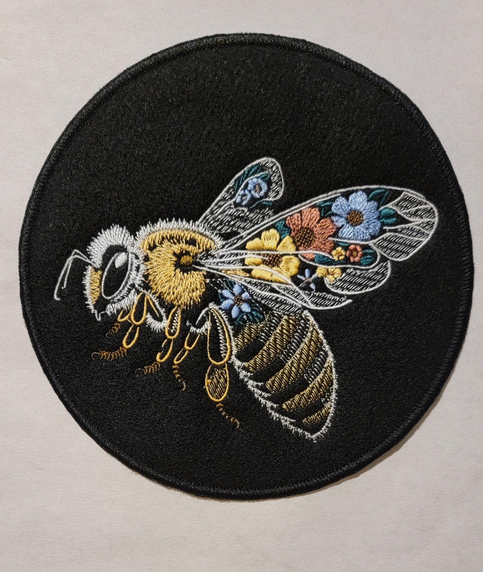 Bee Embroidery Patch, Beautifully Embroidered Bee on Black Felt with Iron-on placement adhesive.