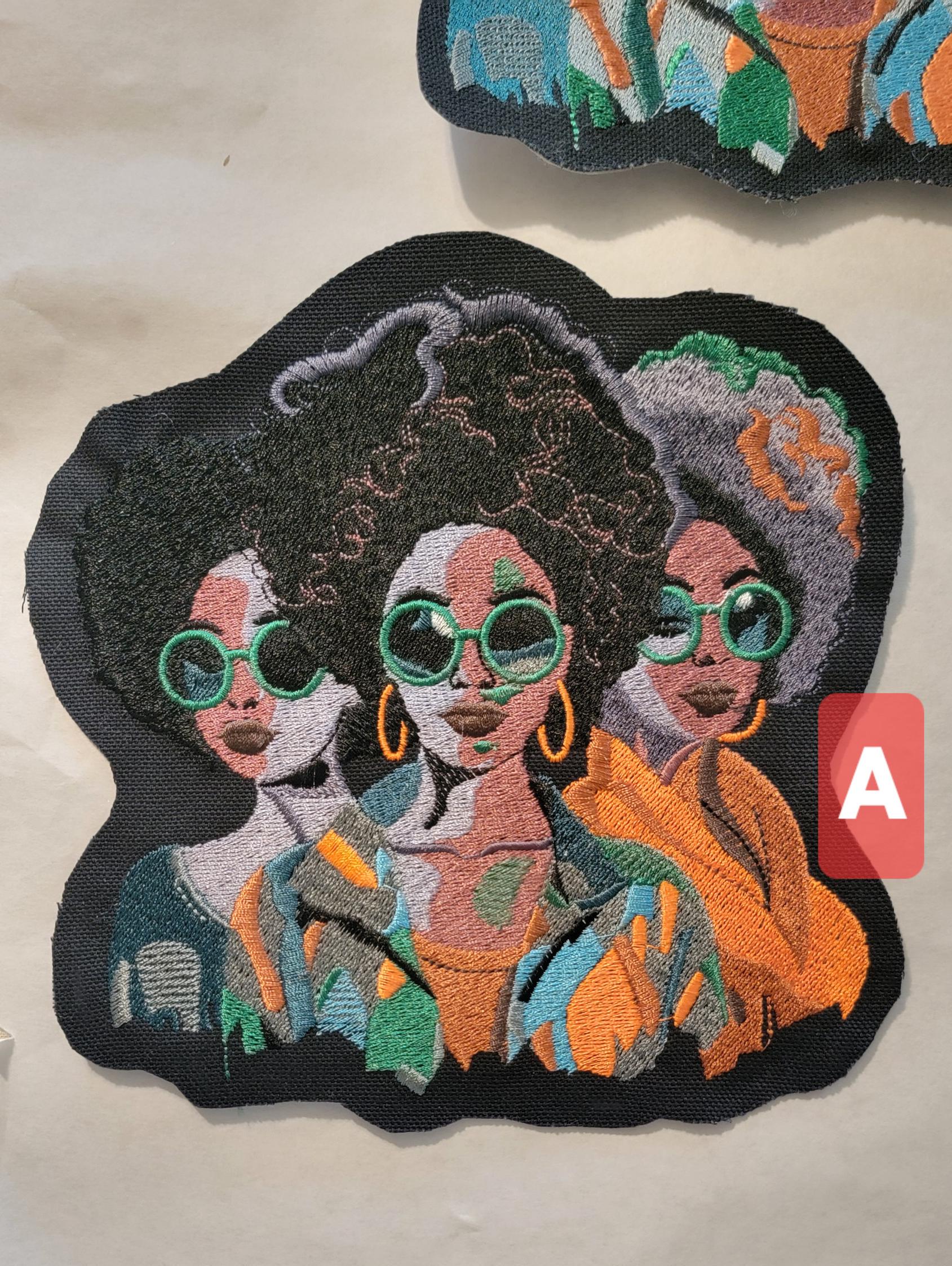 Black Sisters Patch, Iron-on Canvas Patch, Discontinued Canvas Patches, African American Women, Three Vibrant Sisters stitched Black Canvas