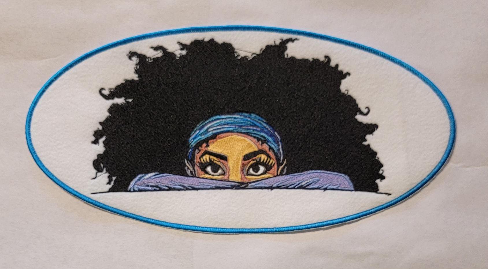 Playful Embroidered Patch features a whimsical young lady peeking over the top of her folded arms, ready for adventure!