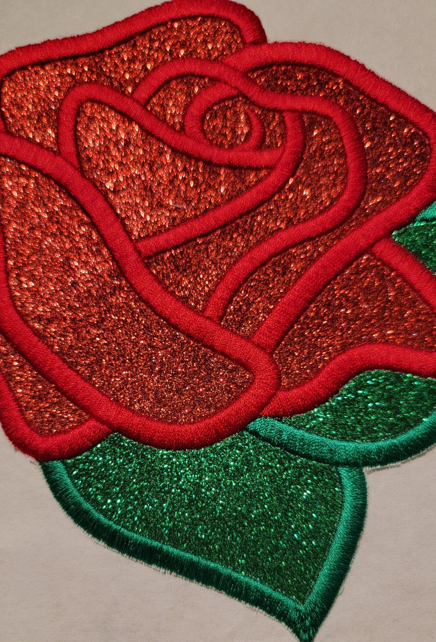 Rose Patch, Dazzling 6+-inch Embroidered Rose Glittered Patch.