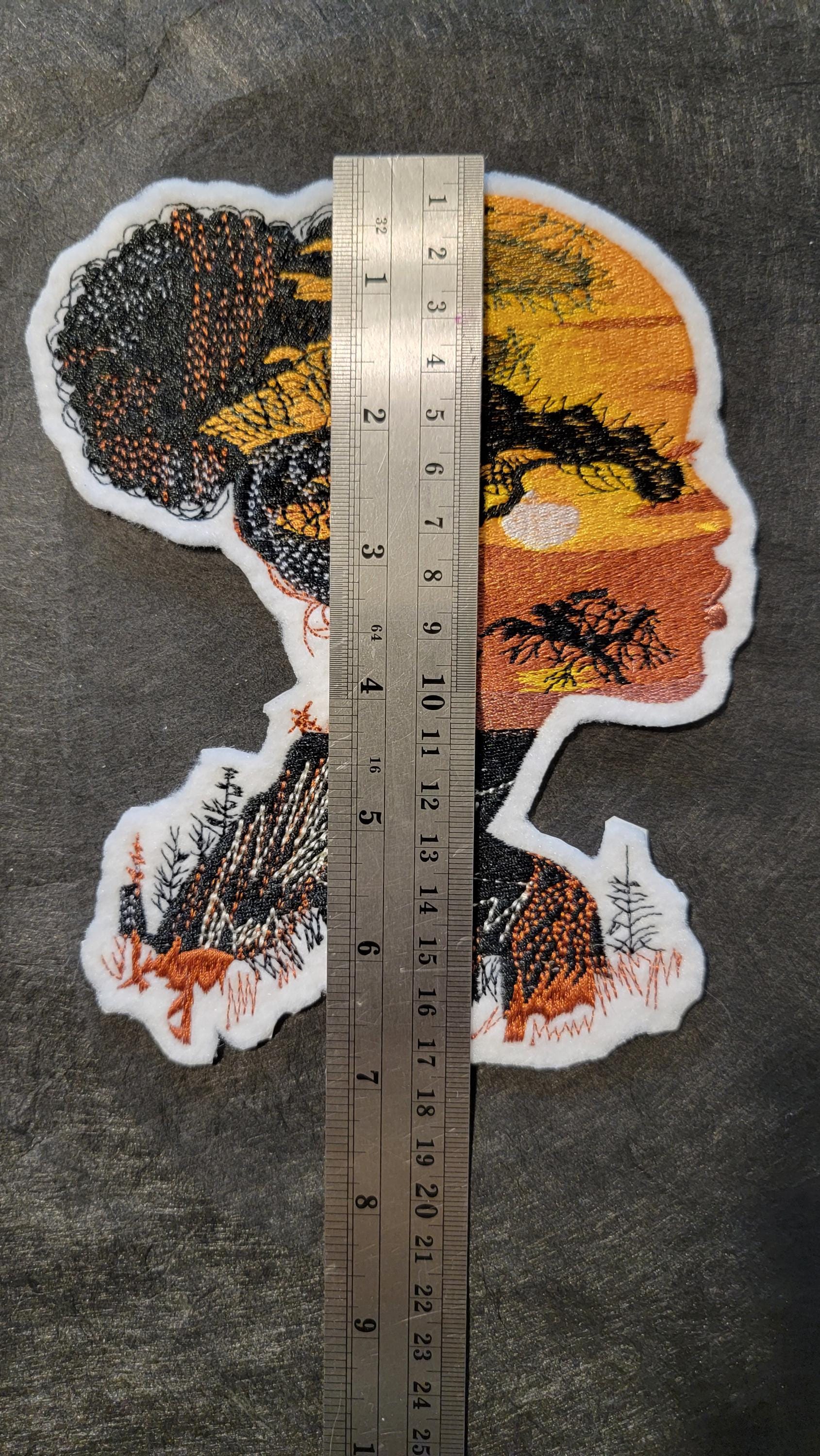 Black Girl Magic Iron-on Patch, Black Girl with Sunset Face, Embroidered on White Felt, African Heritage and Black Empowerment