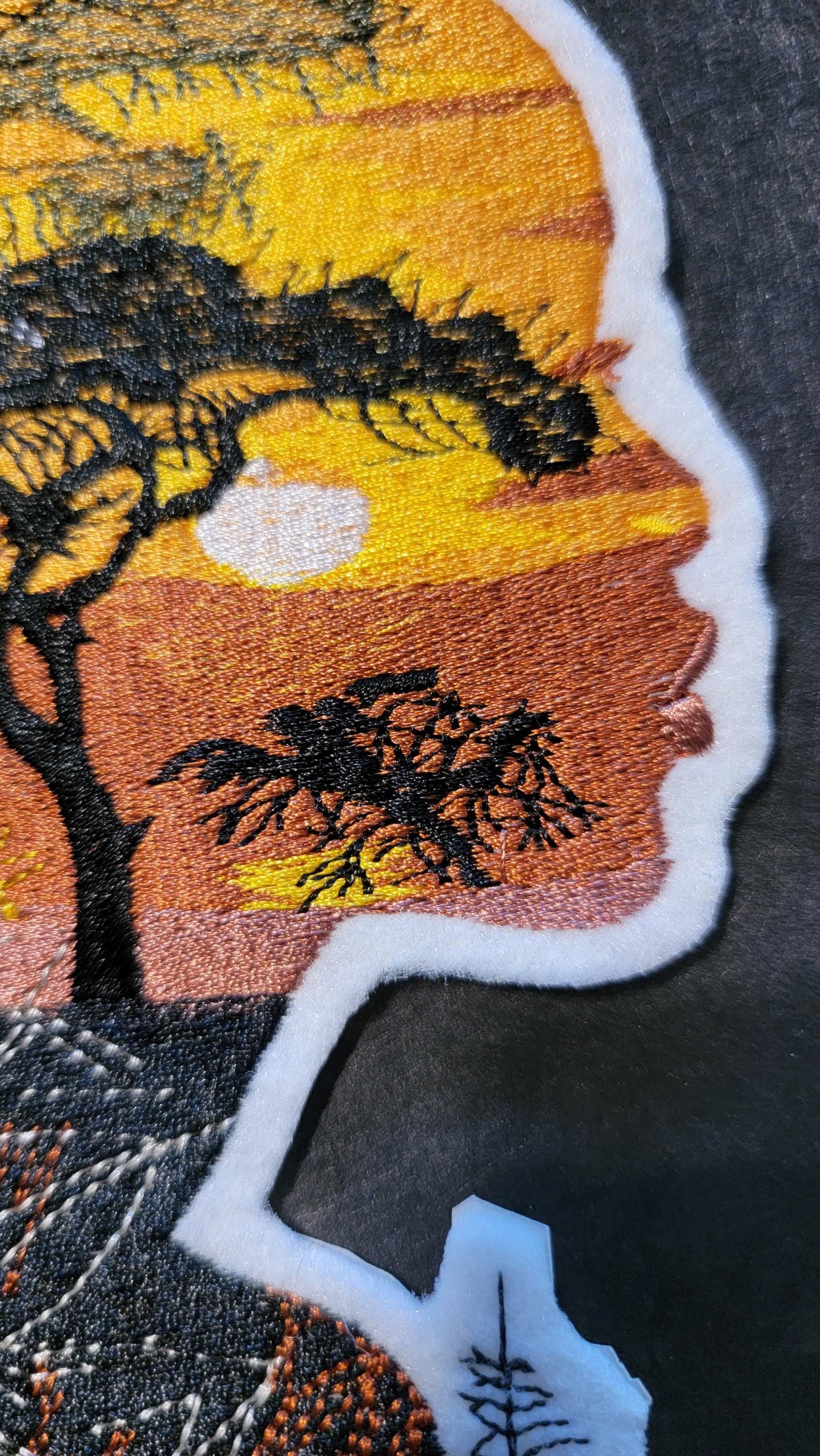 Black Girl Magic Iron-on Patch, Black Girl with Sunset Face, Embroidered on White Felt, African Heritage and Black Empowerment