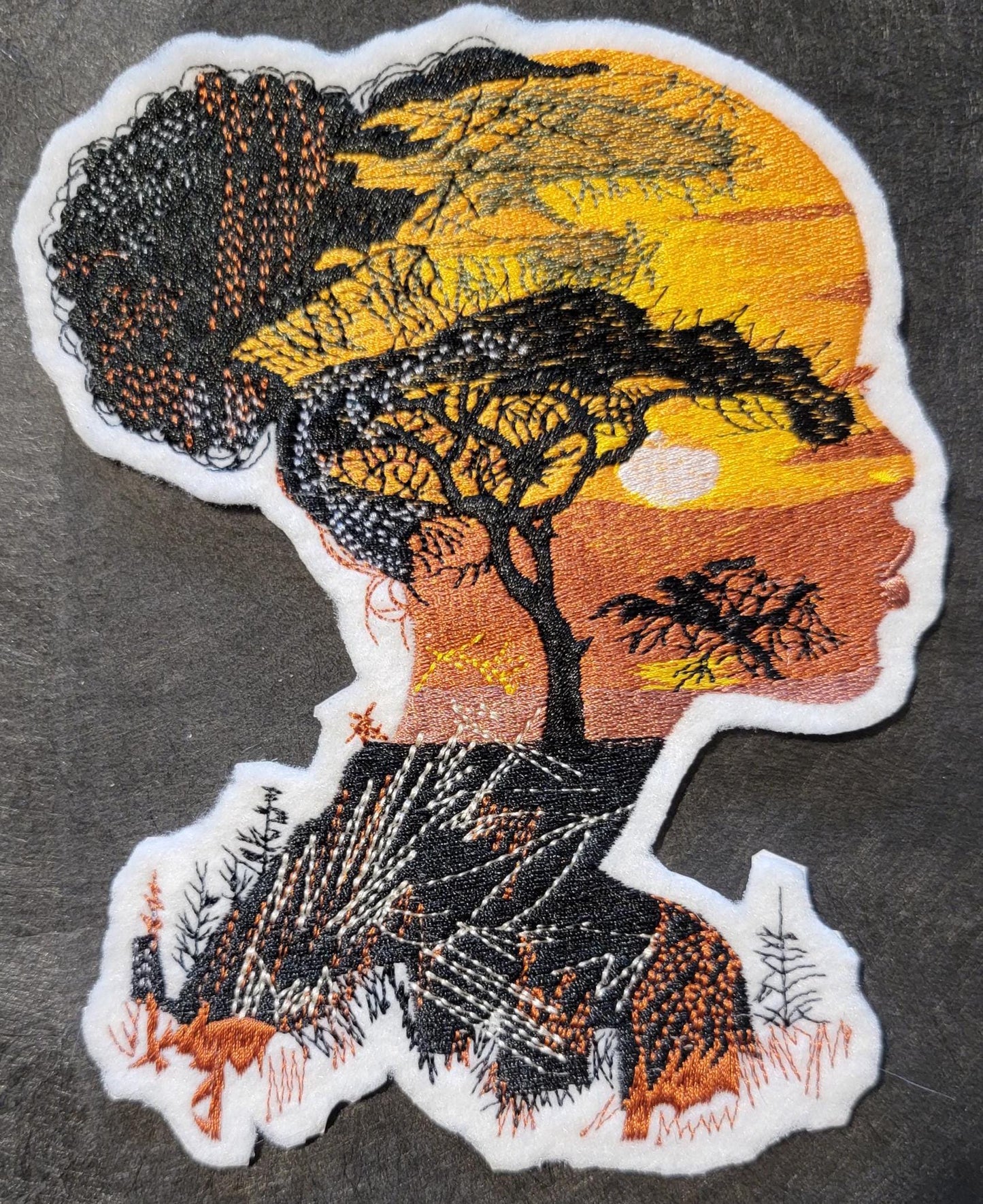 Black Girl Magic Iron-on Patch, Black Girl with Sunset Face, Embroidered on White Felt, African Heritage and Black Empowerment